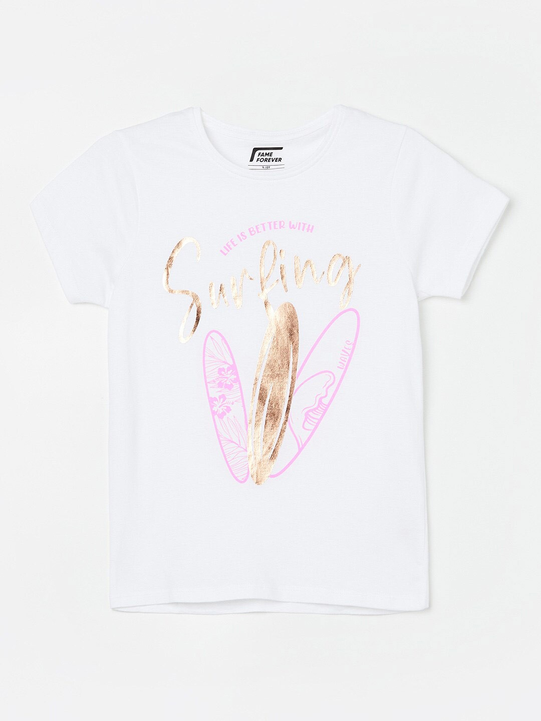 

Fame Forever by Lifestyle Girls White Typography Printed T-shirt