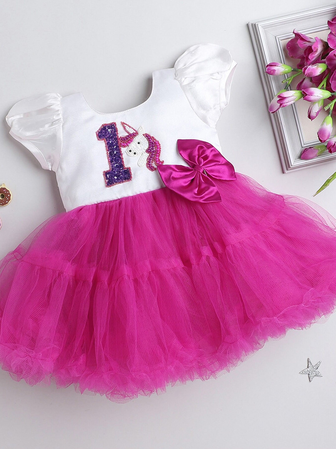 

Pink Chick Girls Embellished Satin Fit & Flare Tulle Dress, Off white