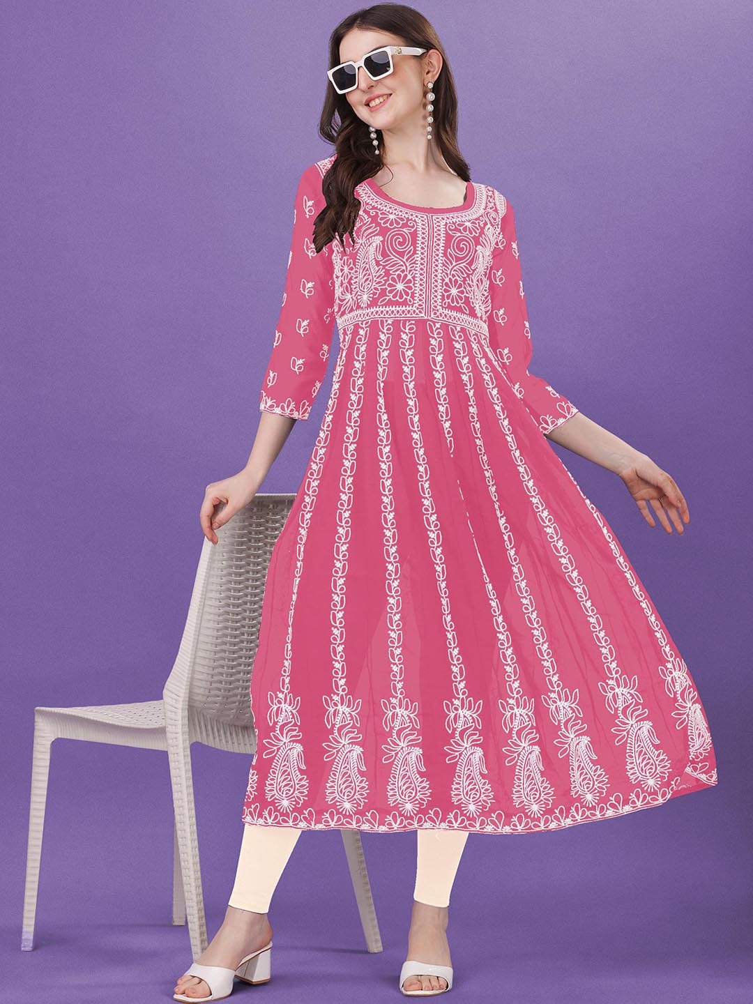 

Shree Ramkrishna Fab Emboidered Yoke Design Chikankari Georgette Anarkali Kurta, Pink