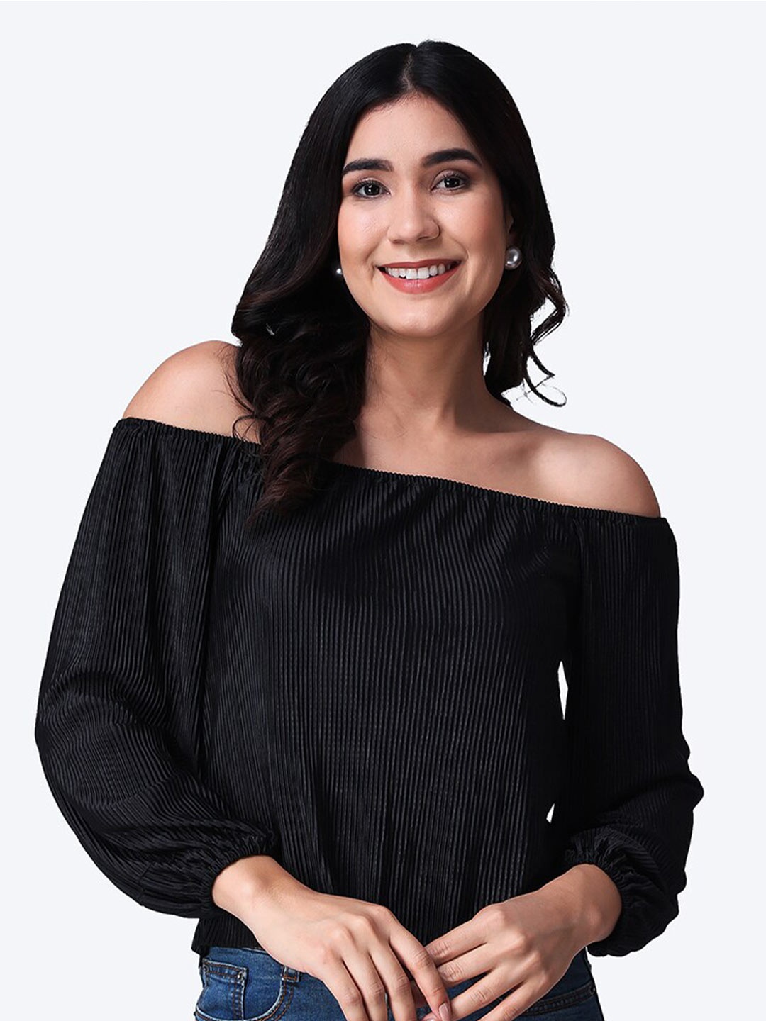 

Popwings Black Off-Shoulder Puff Sleeve Bardot Top