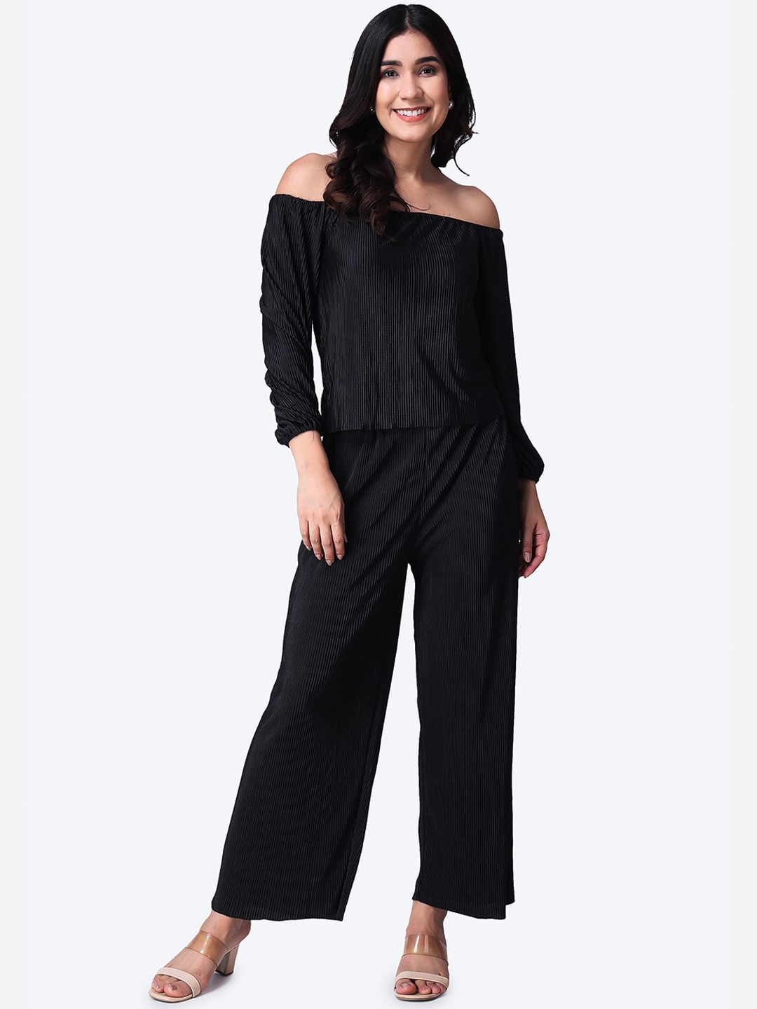 

Popwings Polyester Self-Design Off-Shoulder Top With Palazzos, Black