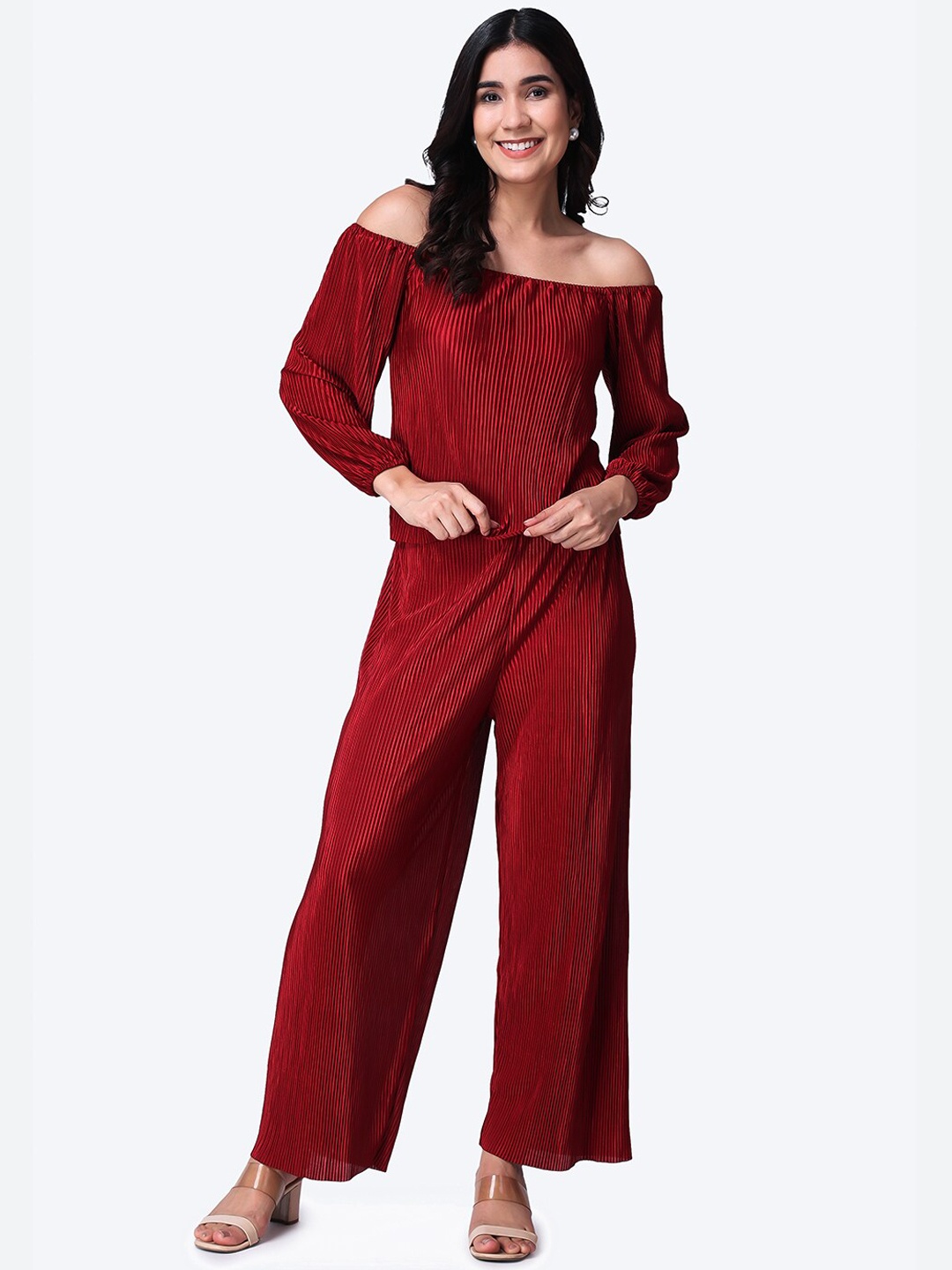 

Popwings Polyester Self-Design Off-Shoulder Top & Palazzos, Maroon