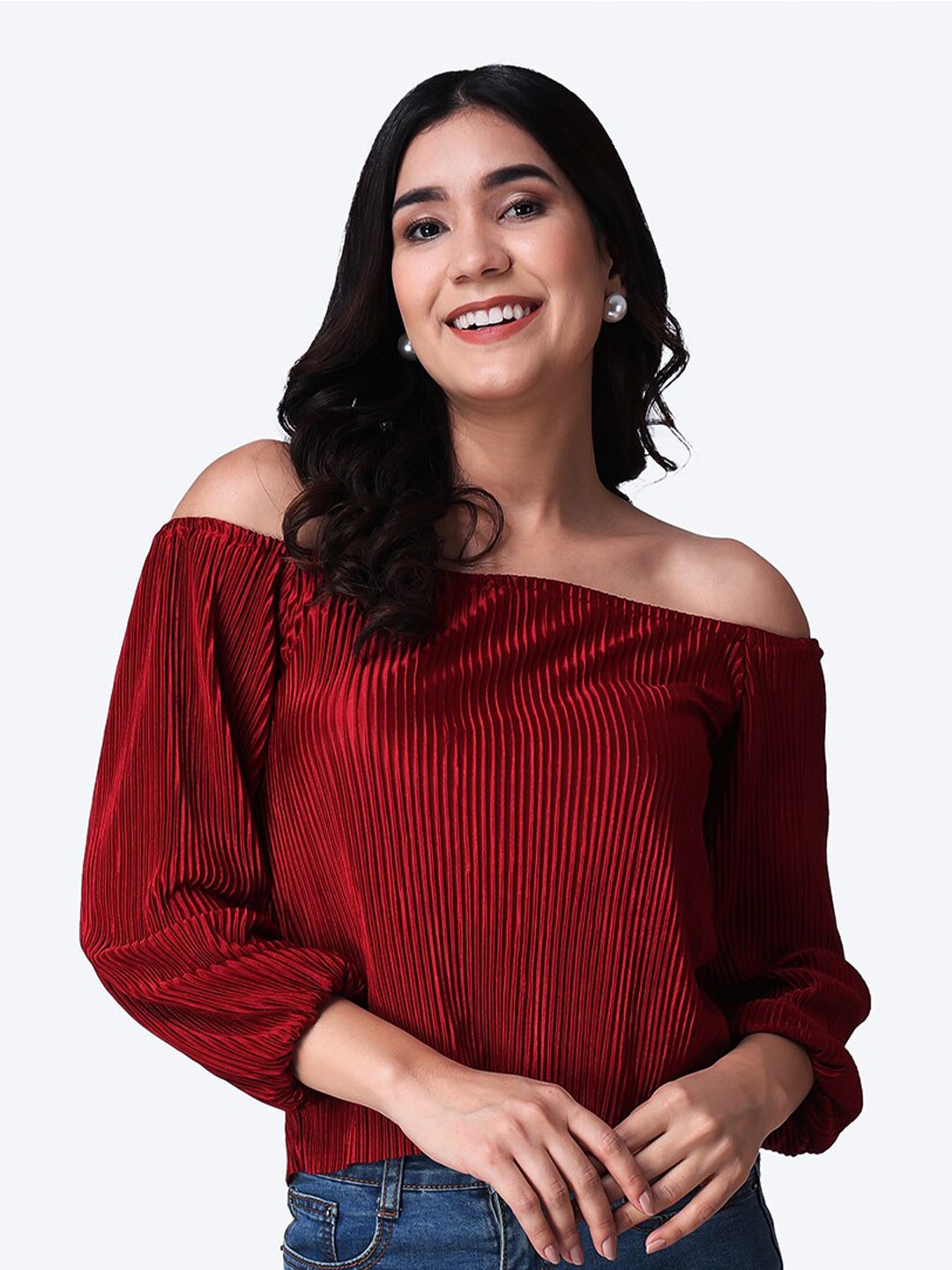 

Popwings Maroon Off-Shoulder Bardot Top