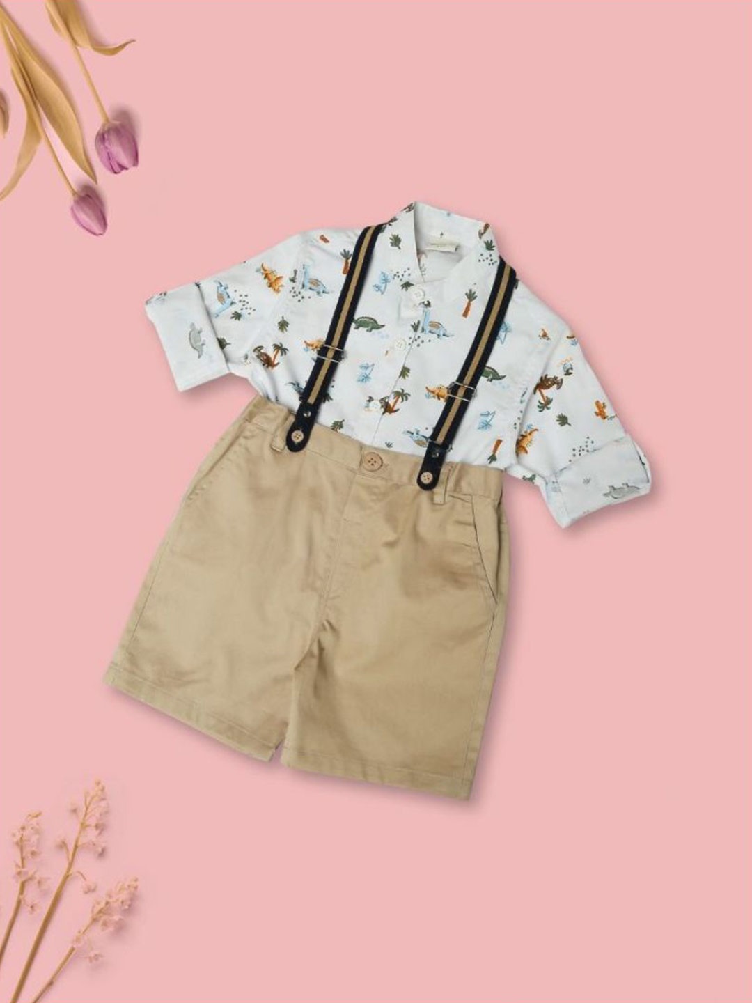 

MeeMee Boys Printed Pure Cotton Shirt with Shorts & Attached Suspender, White