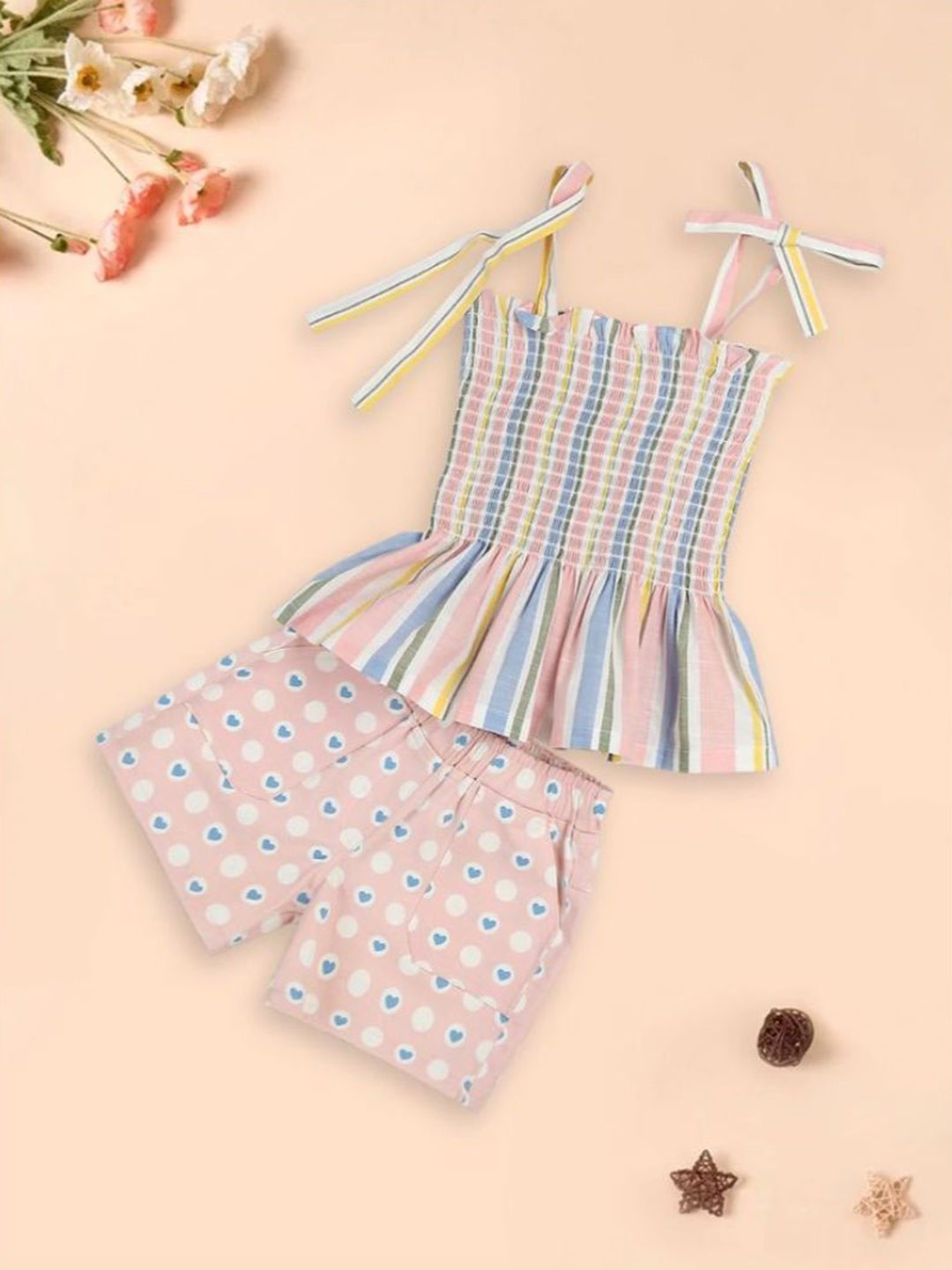 

MeeMee Girls Striped Cotton Top With Shorts, Pink