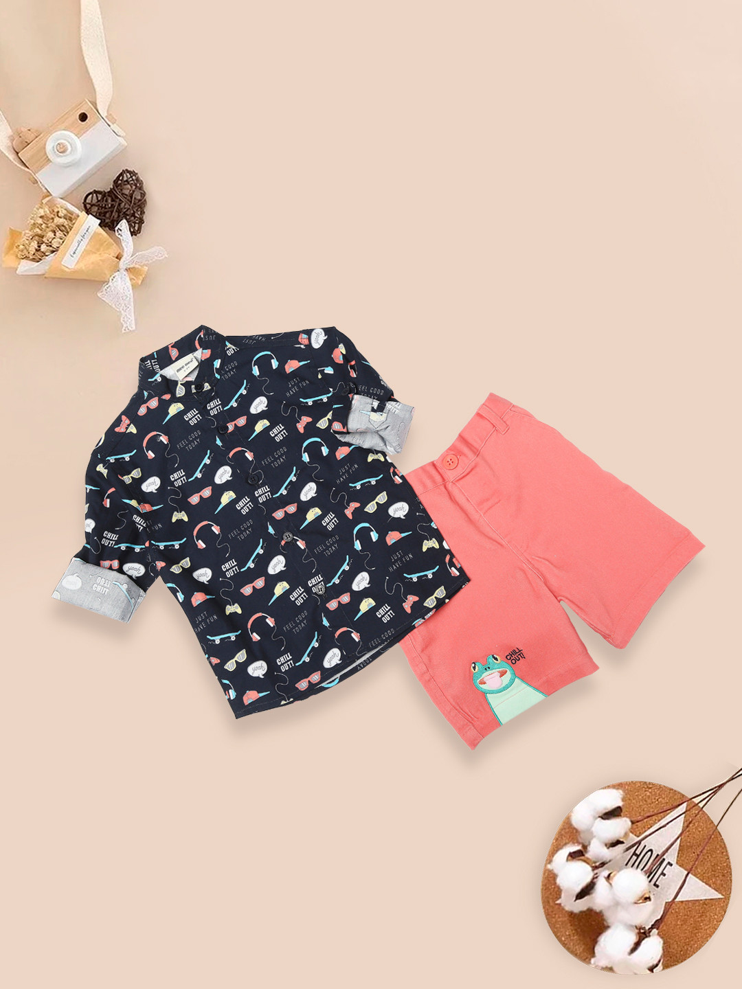 

MeeMee Boys Conversational Printed Shirt with Shorts, Navy blue