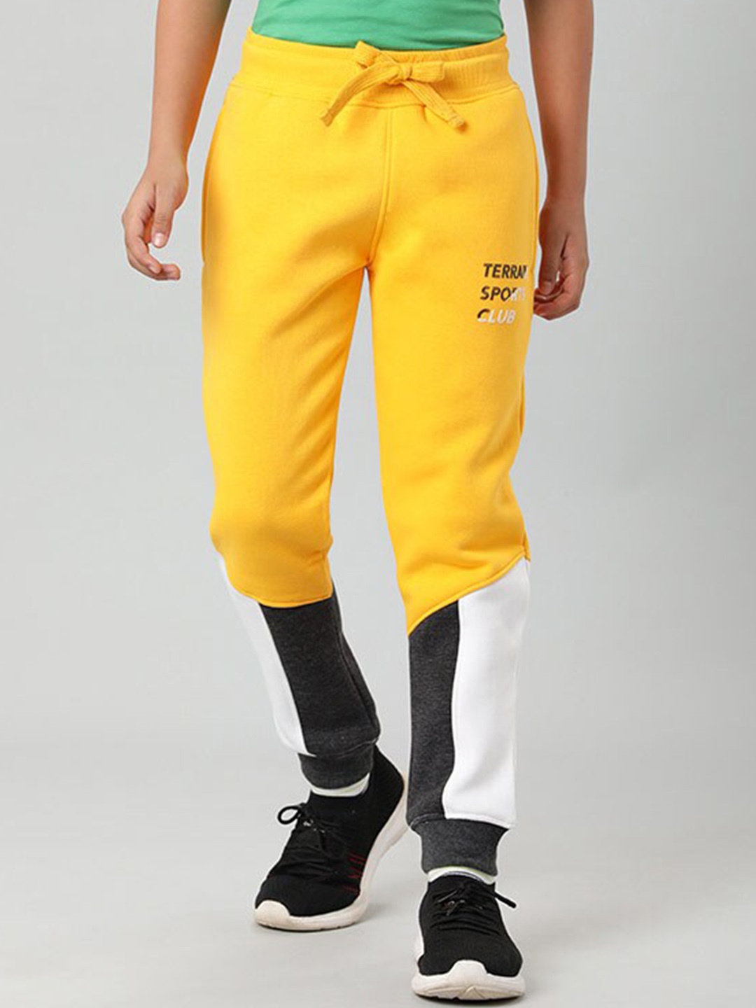 

Indian Terrain Boys Colourblocked Mid-Rise Cotton Joggers, Yellow