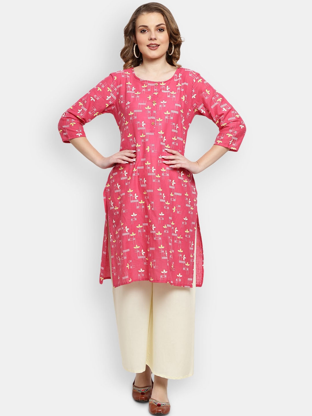 

V-Mart Floral Printed Round Neck Pure Cotton Kurta, Fuchsia