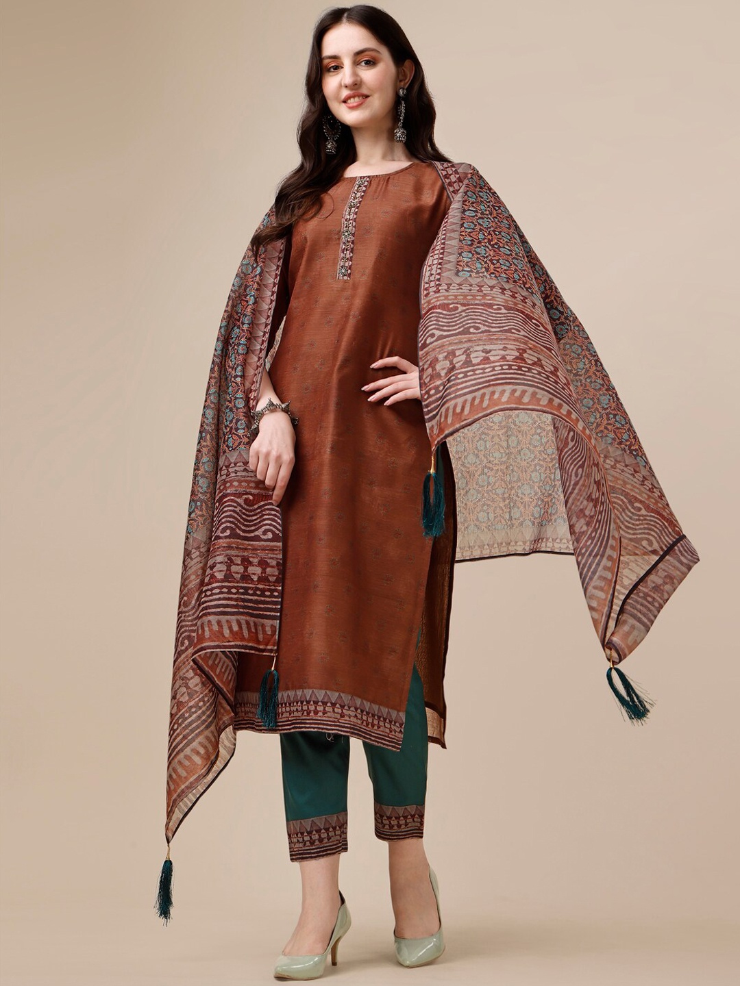

Berrylicious Ethnic Motifs Printed Sequinned Kurta With Trousers & Dupatta, Rust