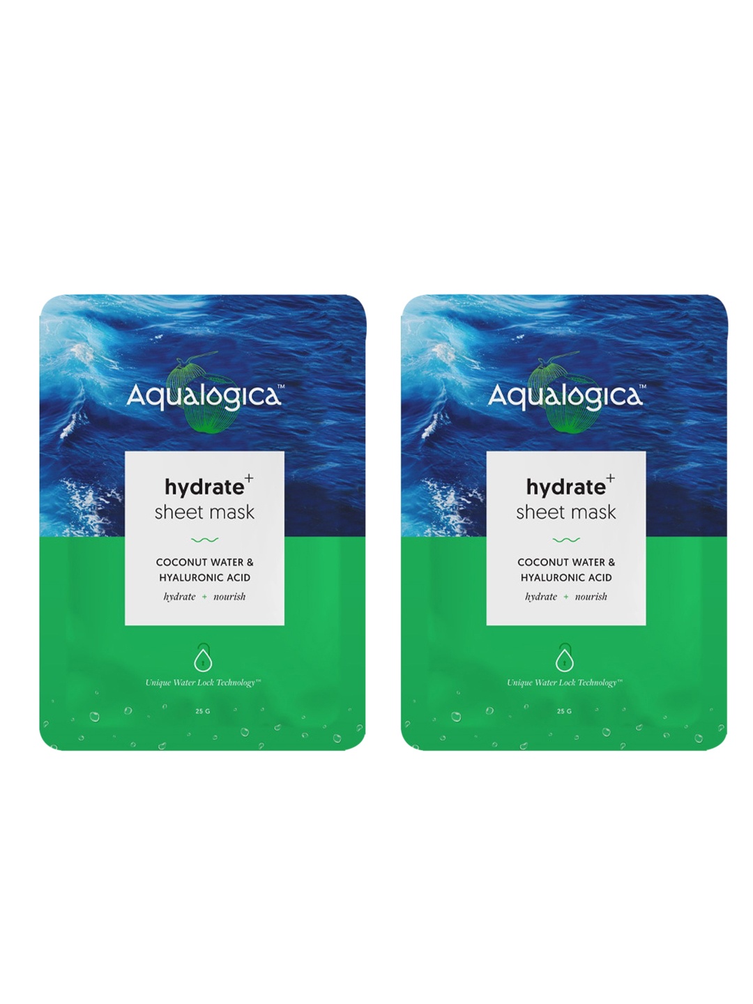 

Aqualogica Set of 2 Hydrate+ Sheet Mask with Coconut Water & Hyaluronic Acid - 25 ml Each, Blue