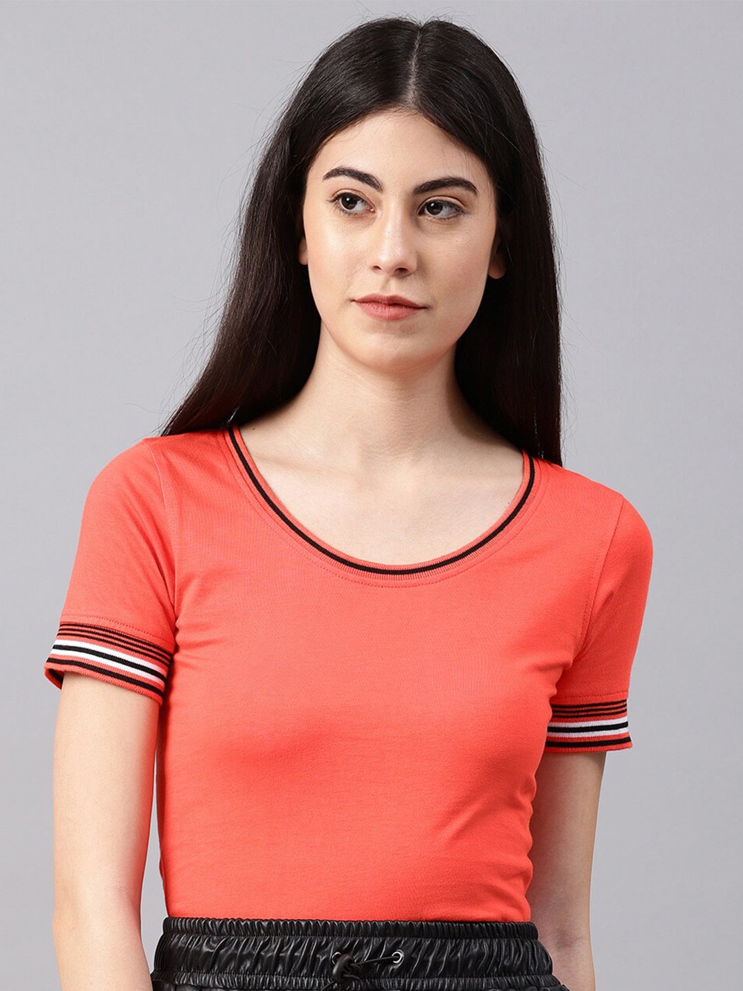 

Mast & Harbour Women Orange Pure Cotton Pockets T-shirt