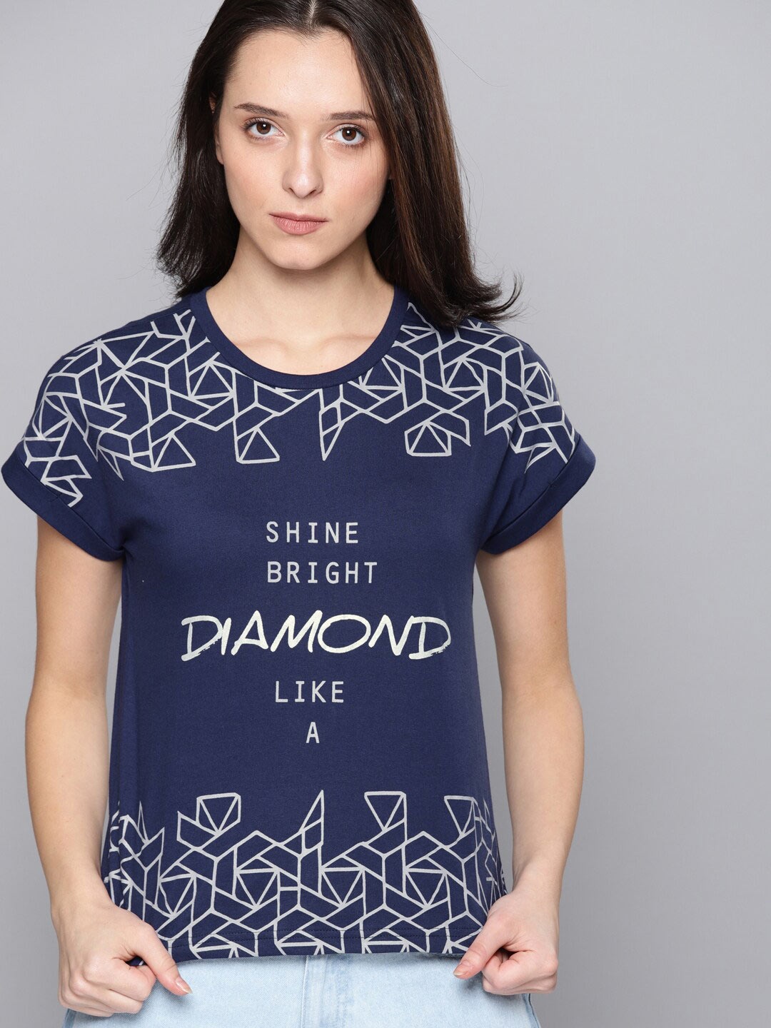 

Mast & Harbour Women Navy Blue Typography Printed Extended Sleeves Pure Cotton Pockets T-shirt