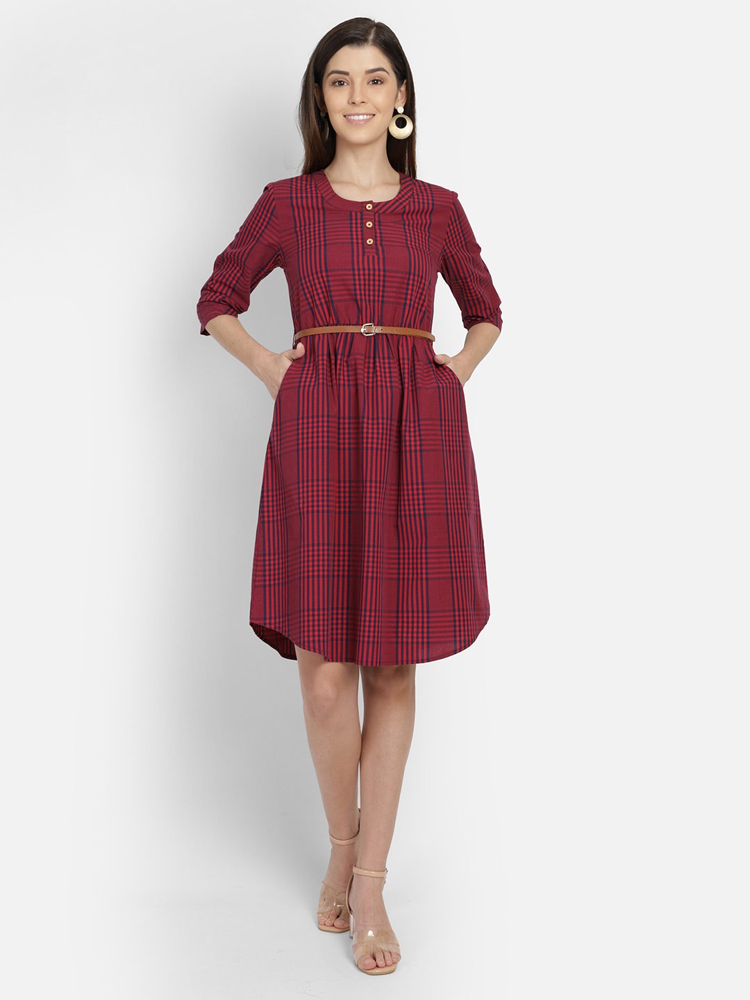 

Yaadleen Checked A-Line Dress, Maroon