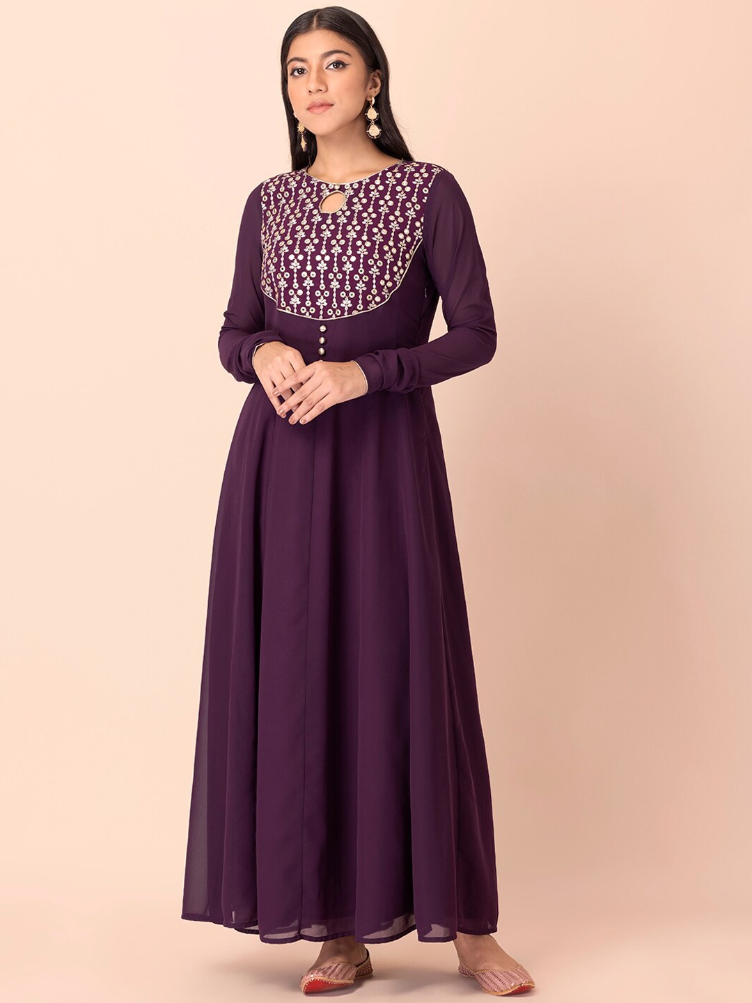 

INDYA Embroidered Keyhole Neck Anarkali Georgette Kurta, Purple