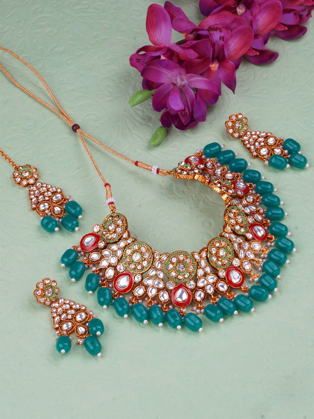

Matushri Art Gold-Plated Artificial Stone & Beaded Jewellery Set