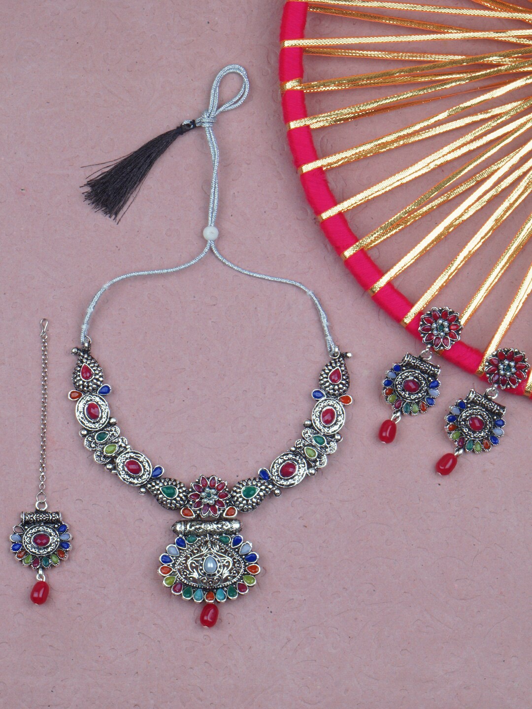 

Matushri Art Silver-Plated Stone-Studded & Beaded Jewellery Set