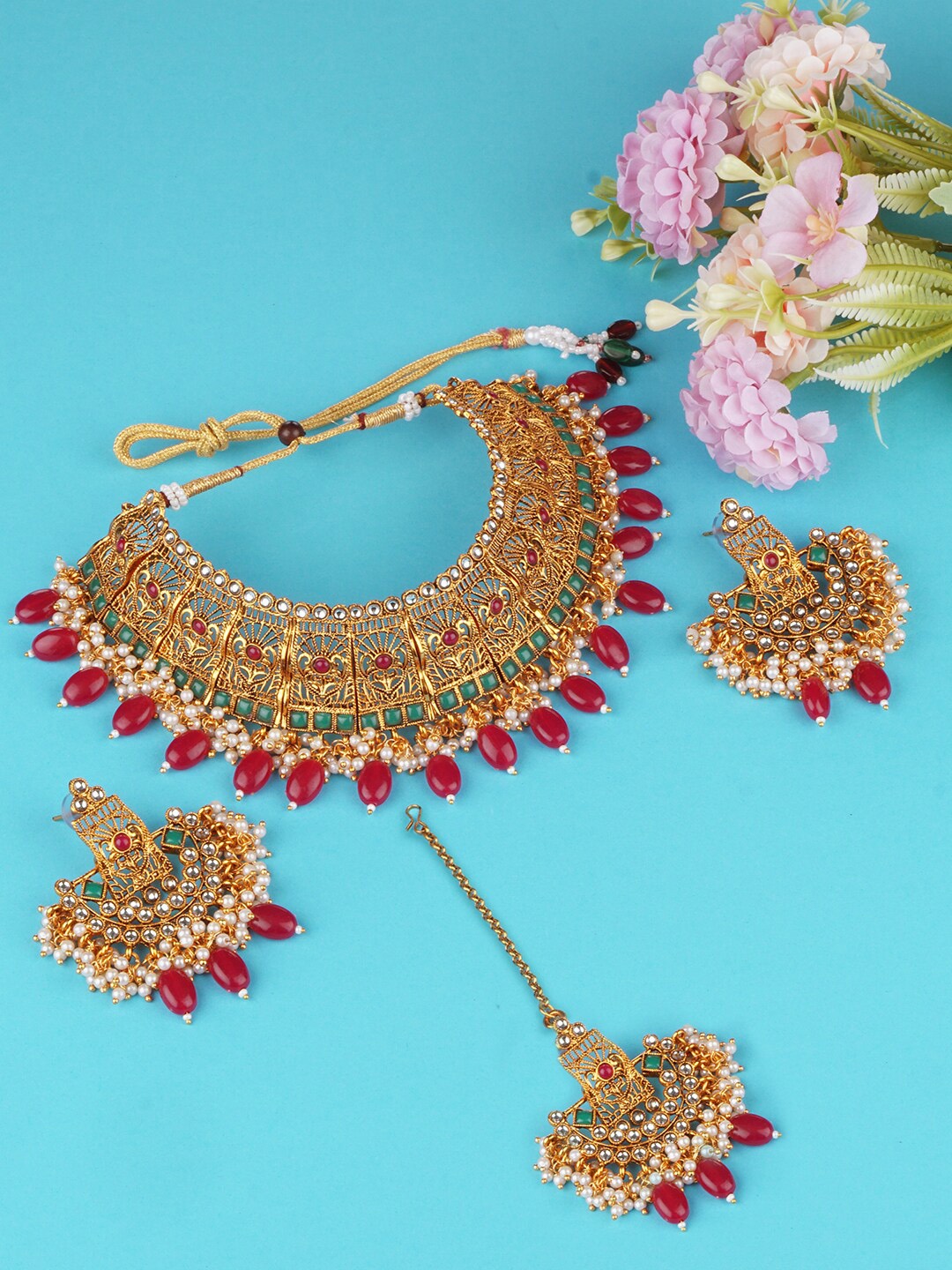 

Matushri Art Gold-Plated Stone Studded & Beaded Jewellery Set