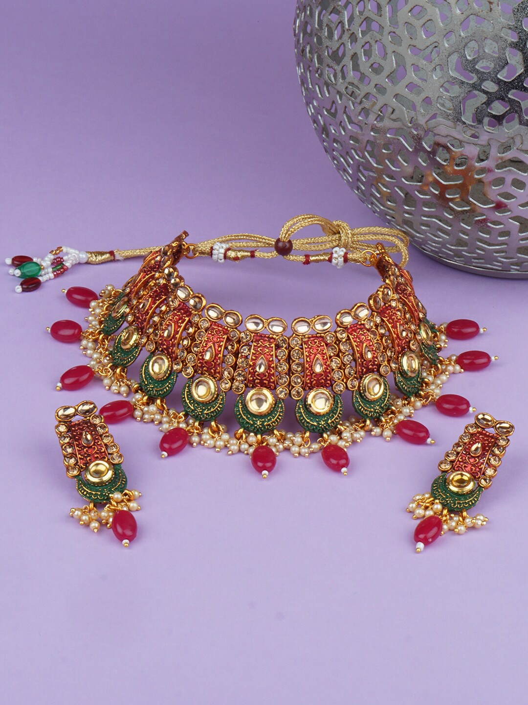 

Matushri Art Gold-Plated Artificial Stone Studded & Beaded Jewellery Set