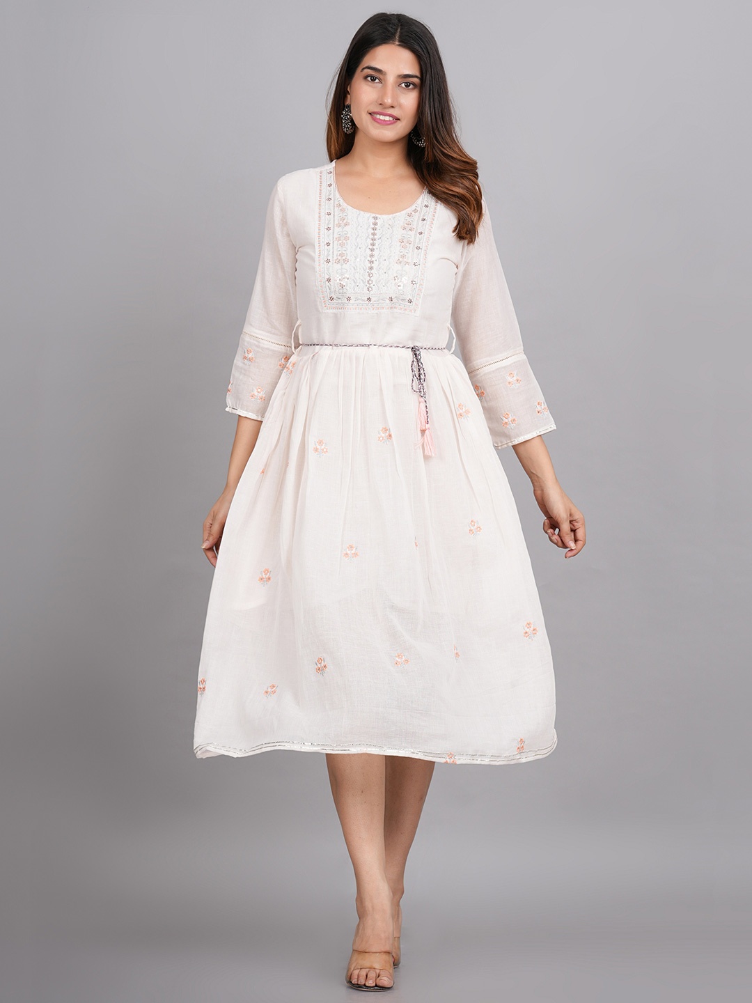 

LIVING ROOTS Off White Floral Layered Fit & Flare Midi Dress