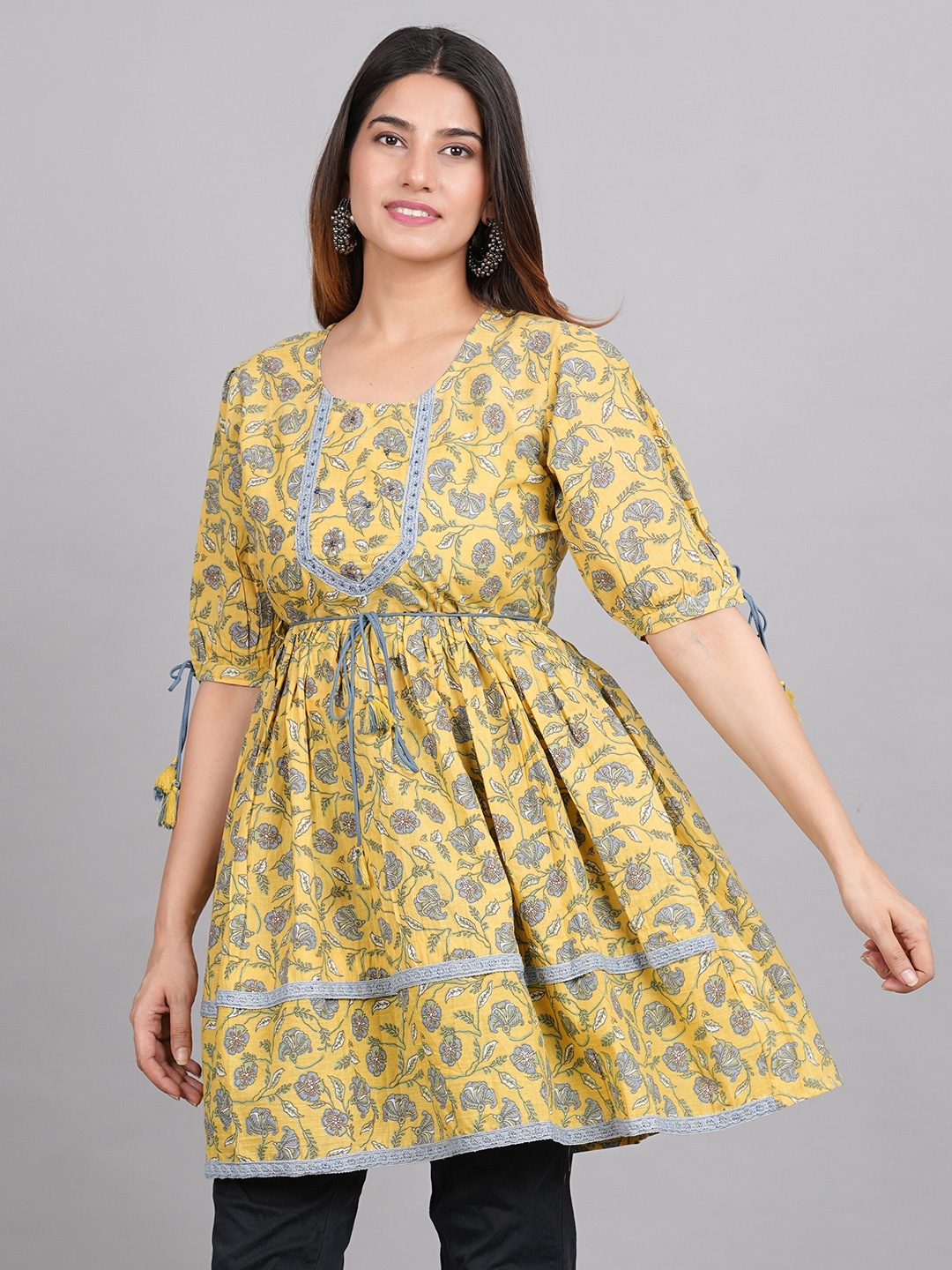 

LIVING ROOTS Yellow Ethnic Motifs Print Fit & Flare Dress