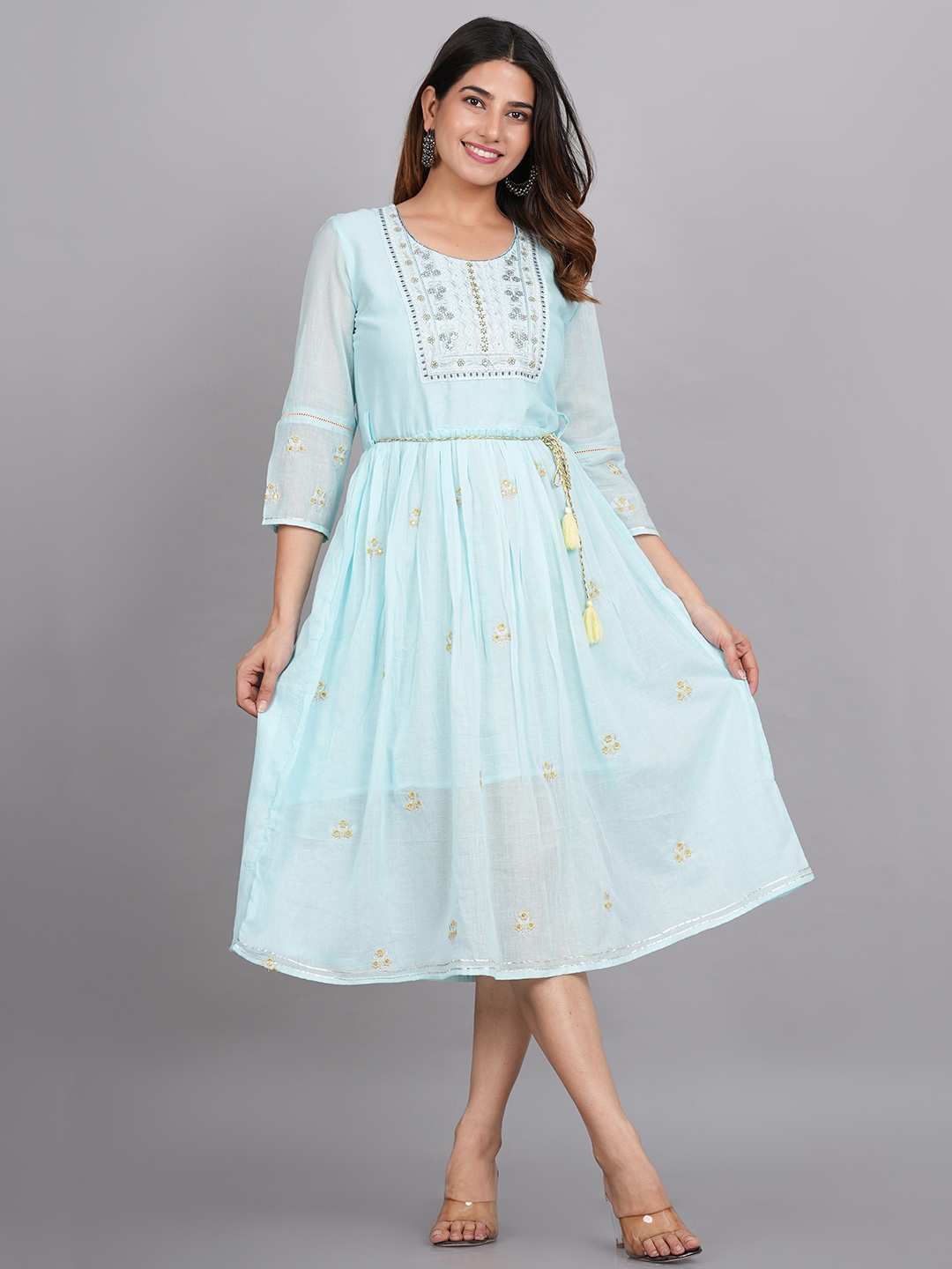 

LIVING ROOTS Blue Ethnic Motifs Layered A-Line Midi Dress