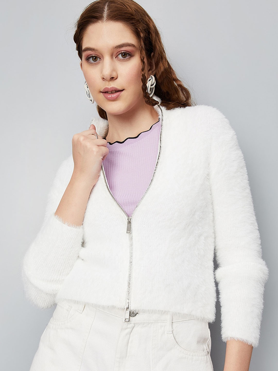 

max Self Design Mock Collar Crop Tailored Jacket, White