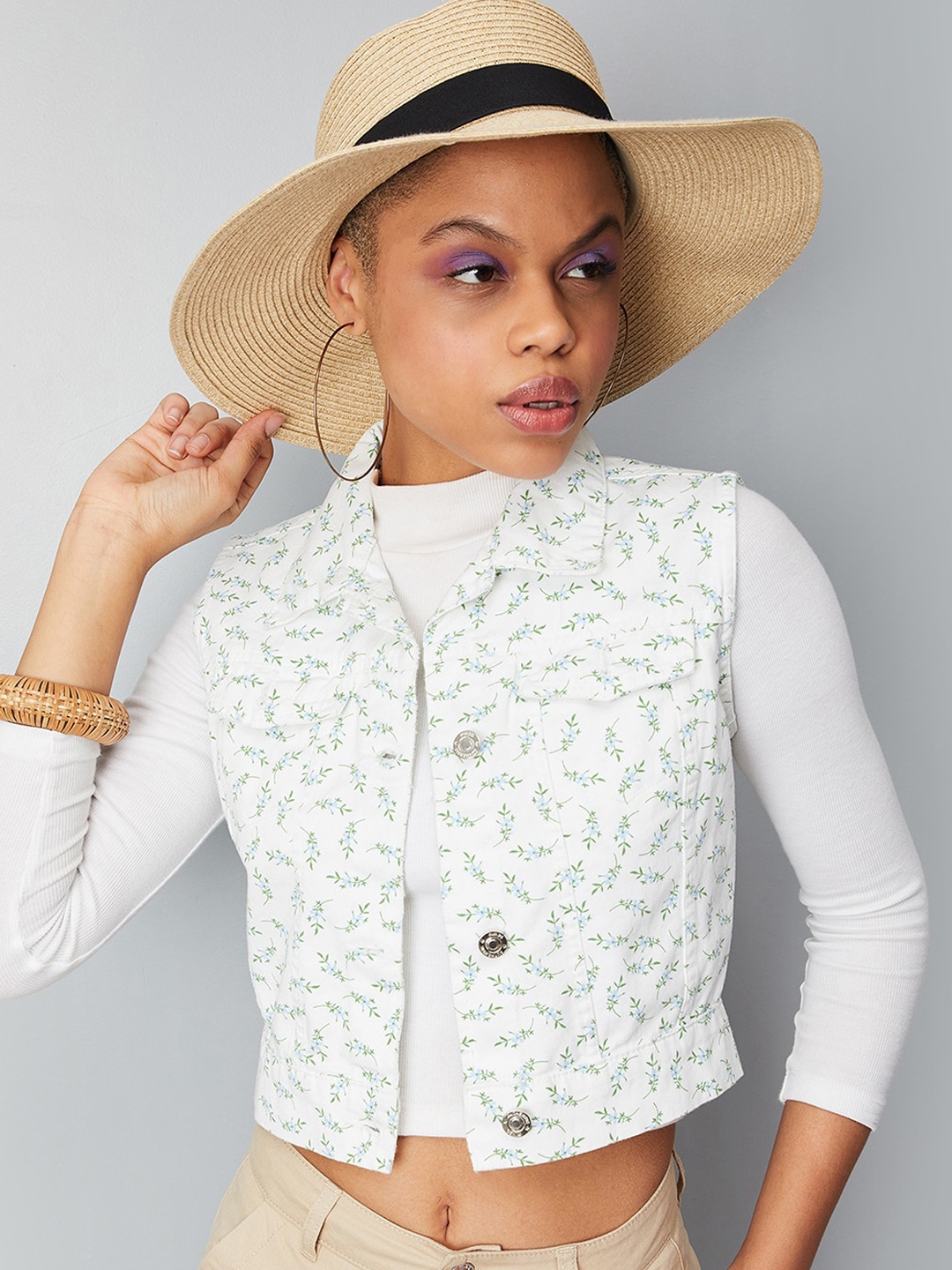 

max Floral Printed Crop Pure Cotton Tailored Jacket, White