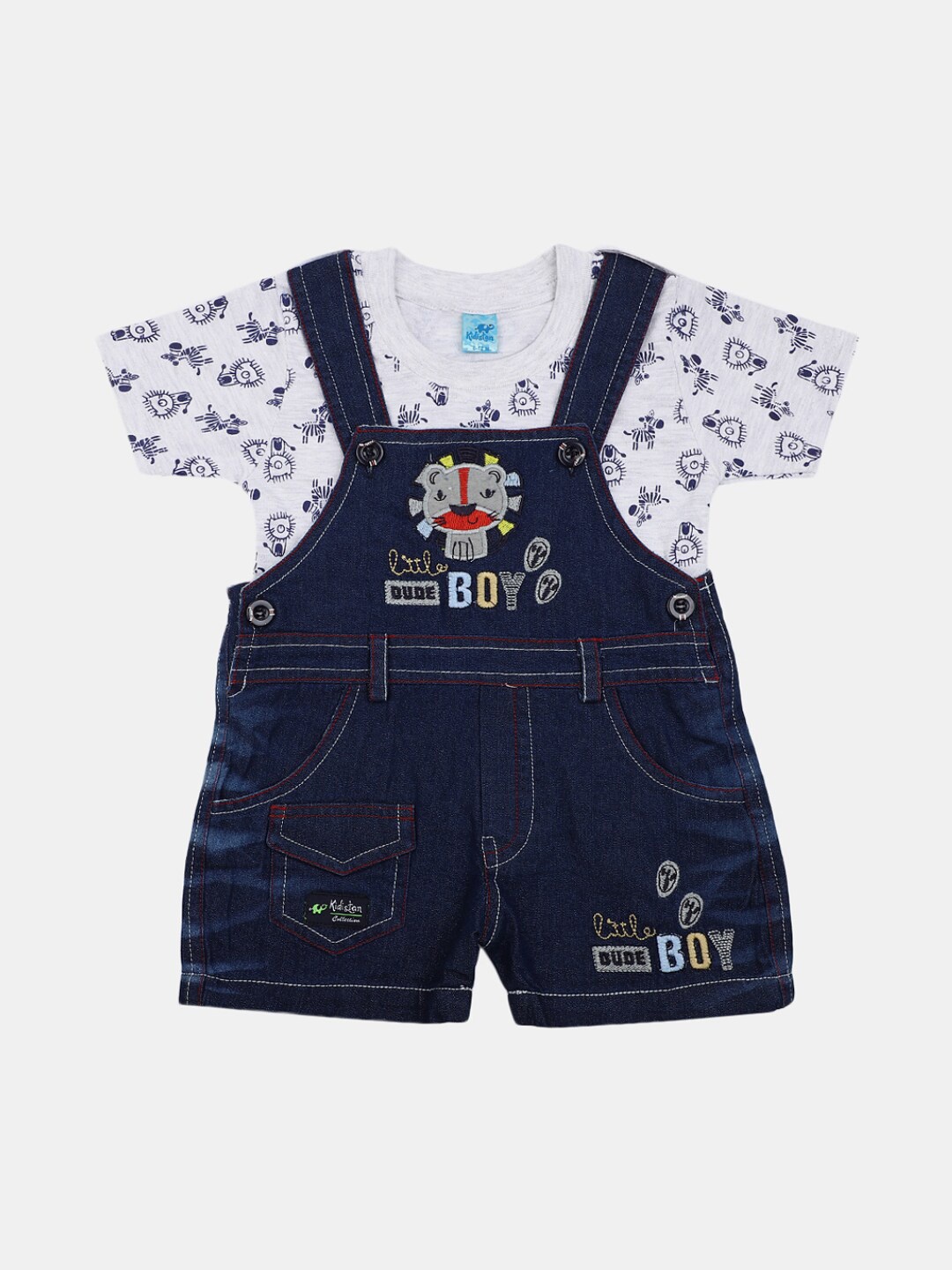 

V-Mart Infant Kids Graphic Printed Cotton Denim T-shirt With Dungarees, Grey melange