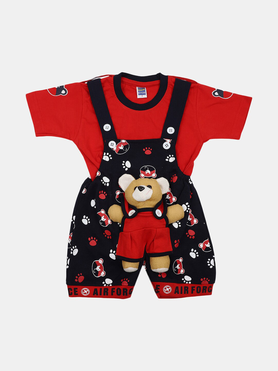 

V-Mart Infant Kids Graphic Printed Cotton T-shirt With Dungarees, Red