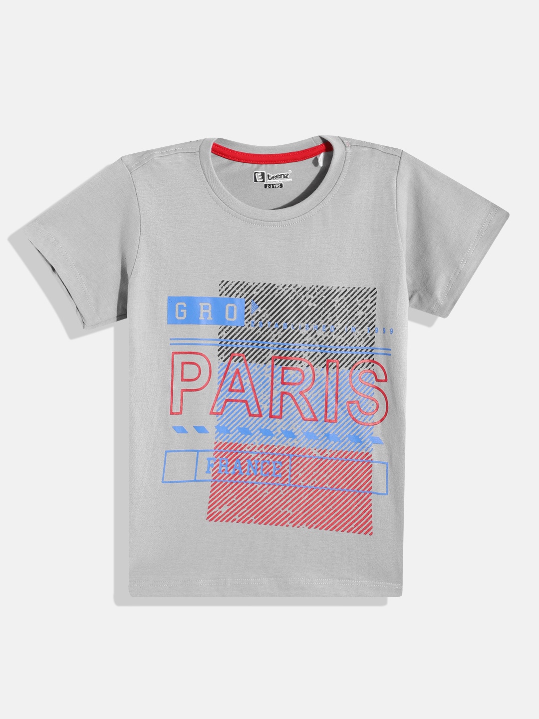 

Eteenz Boys Striped Cotton T-shirt with Typography Print Detail, Grey