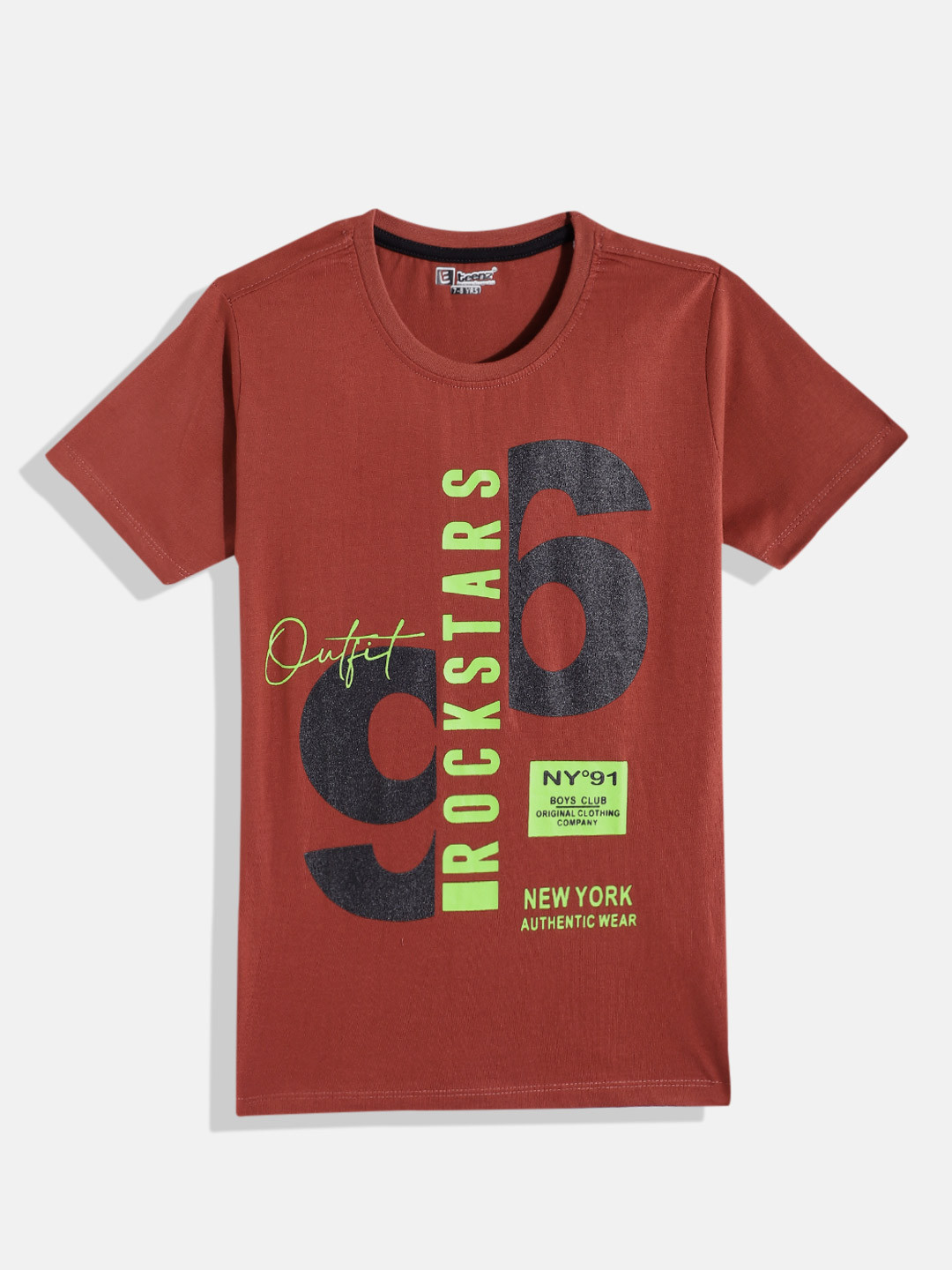 

Eteenz Boys Premium Cotton Varsity & Typography Printed T-shirt, Brown