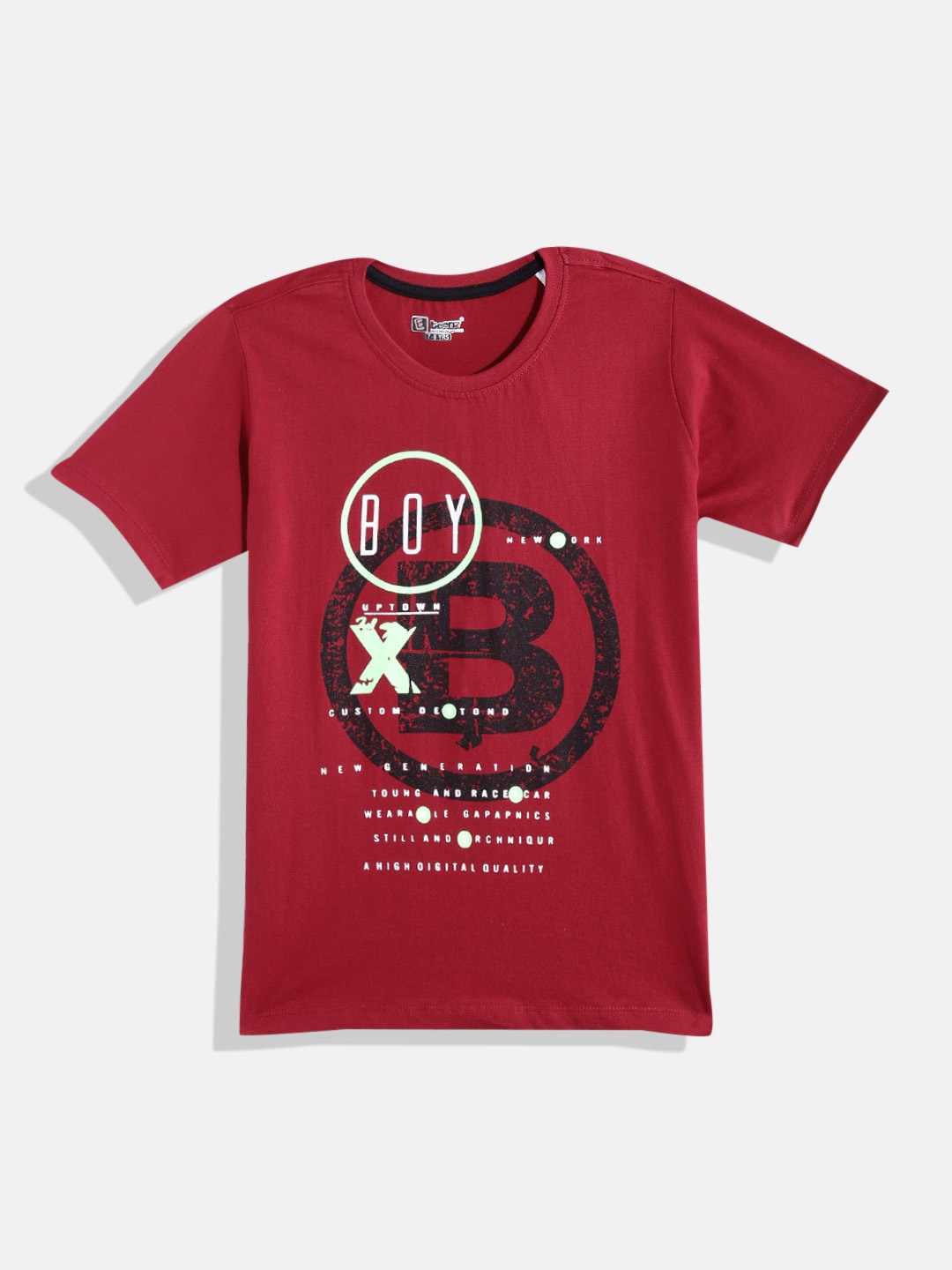 

Eteenz Boys Typography Printed Cotton T-shirt, Burgundy