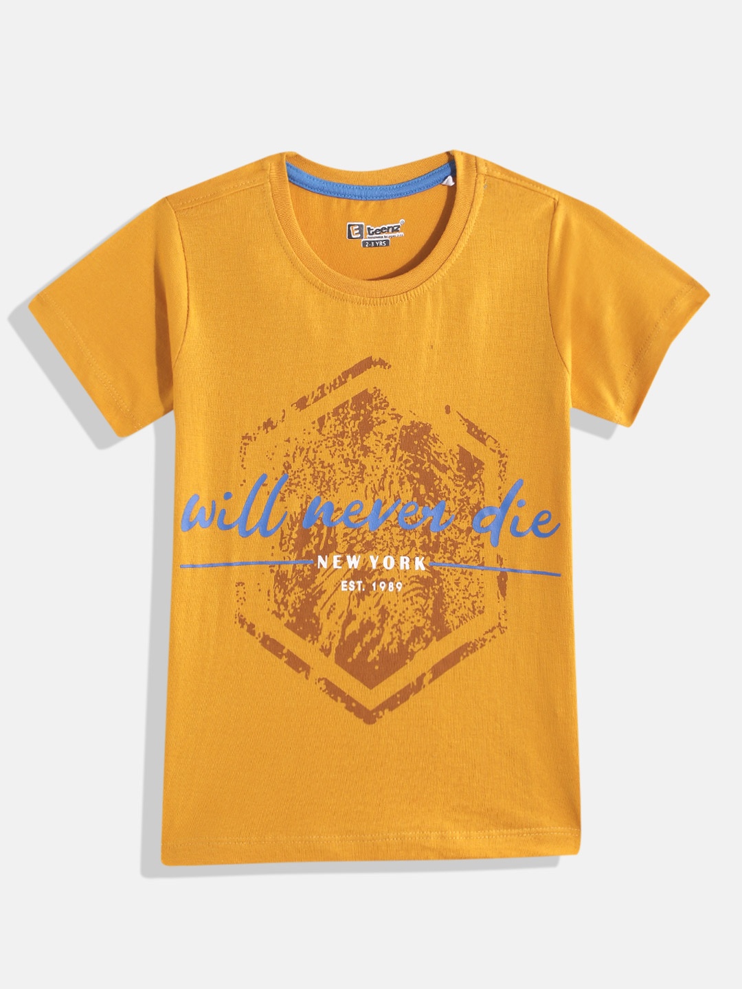 

Eteenz Boys Mustard Yellow & Blue Typography Eteenz Printed T-shirt