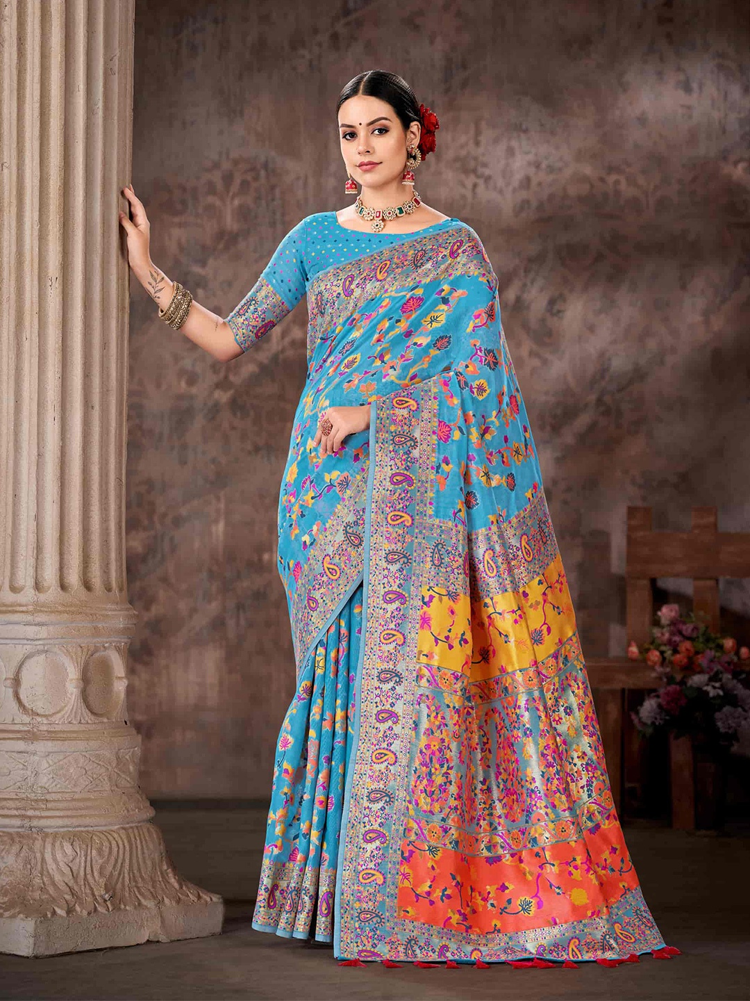 

Silk Land Floral Woven Design Zari Saree, Blue