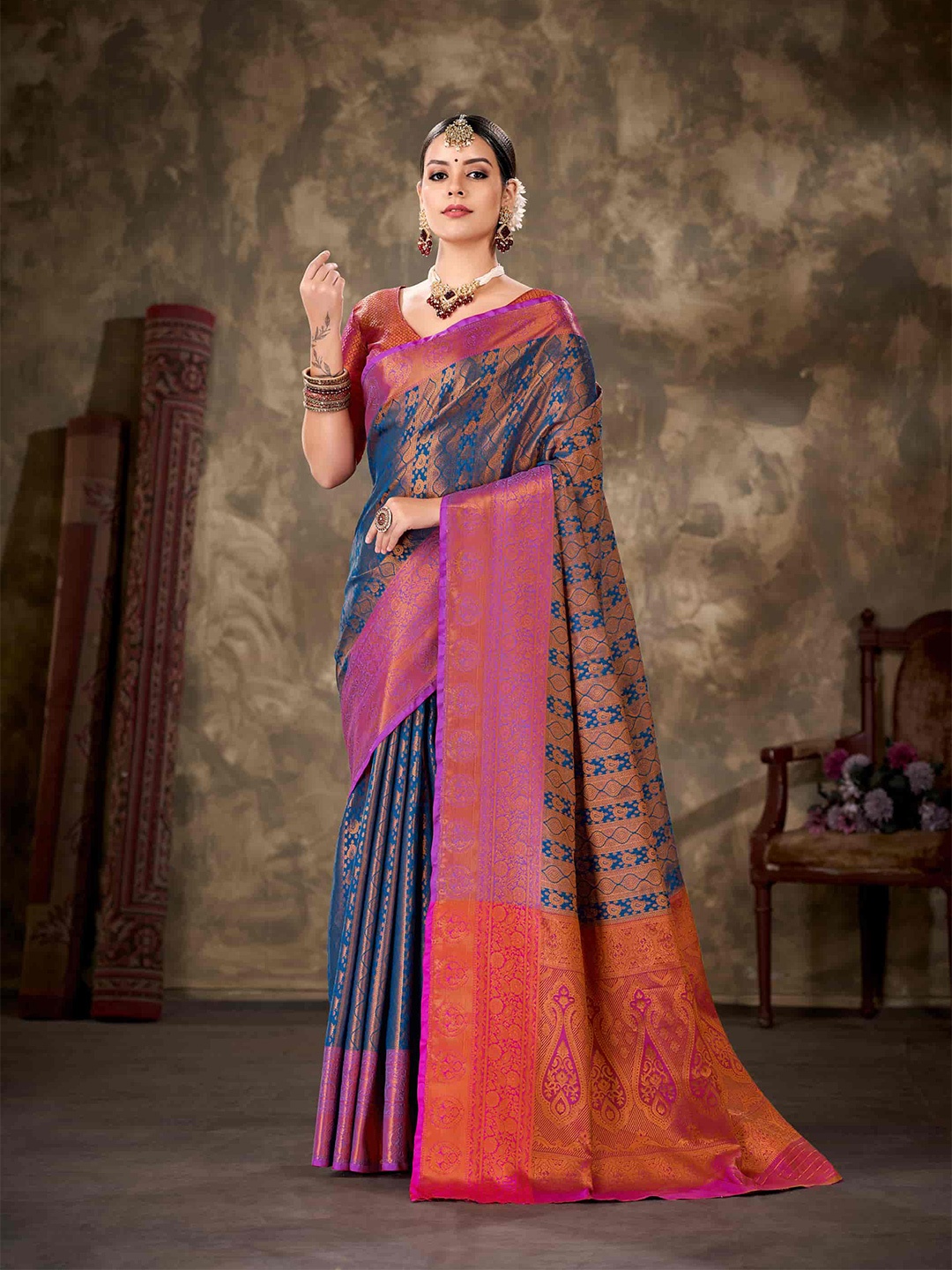 

Silk Land Woven Design Zari Art Silk Banarasi Saree, Navy blue