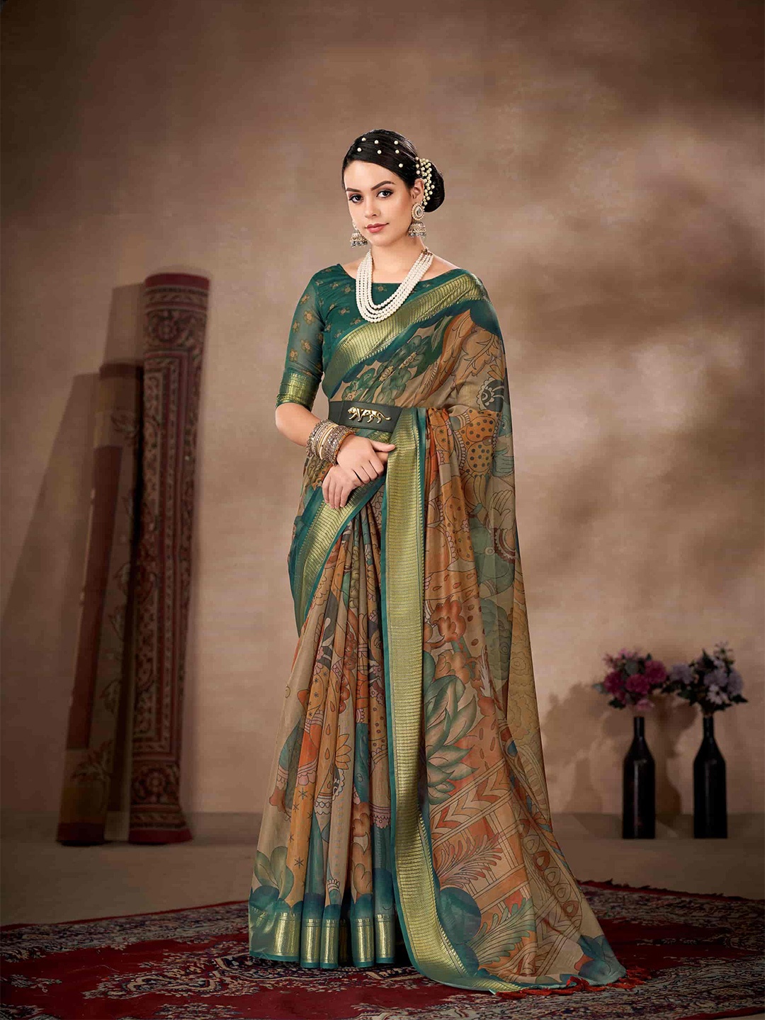 

Silk Land Ethnic Motifs Printed Zari Chanderi Saree, Brown