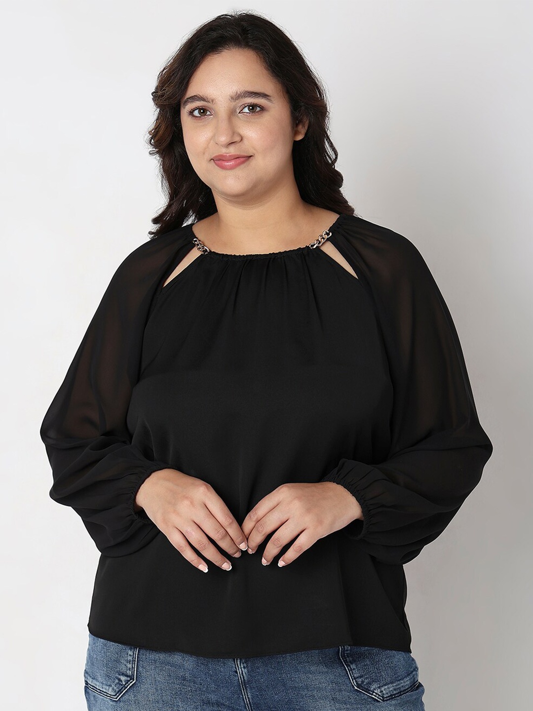 

VERO MODA CURVE Round Neck Cut Out Top, Black