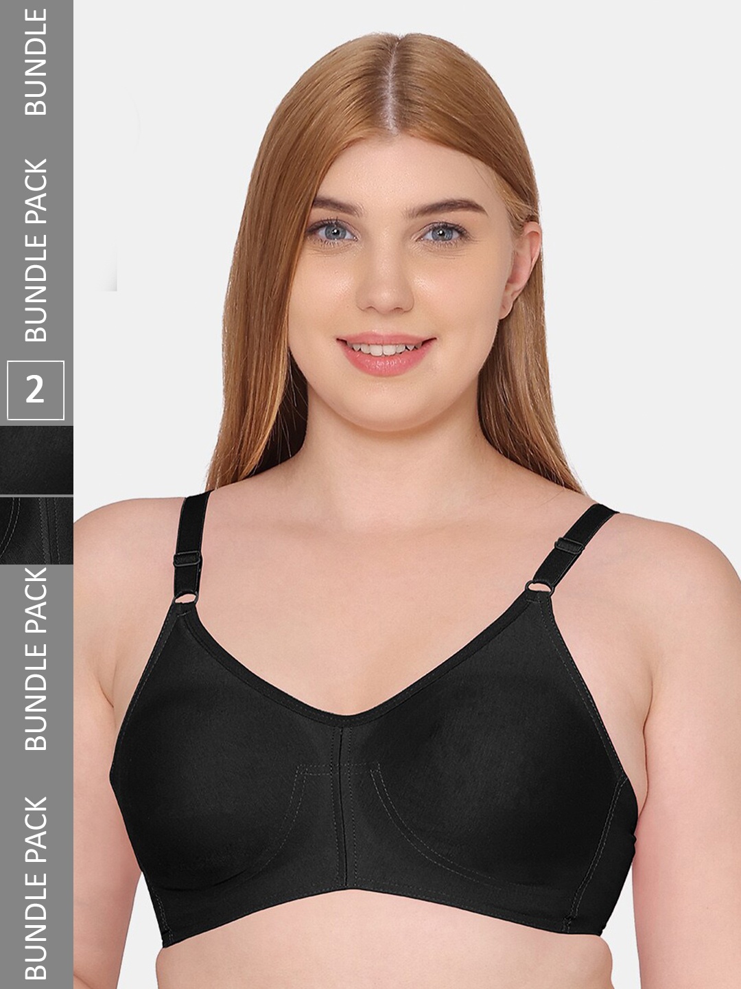 

Souminie Pack Of 2 Non Padded Seamless Non Wired Rash Free Belt Cotton Full Coverage Bra, Black