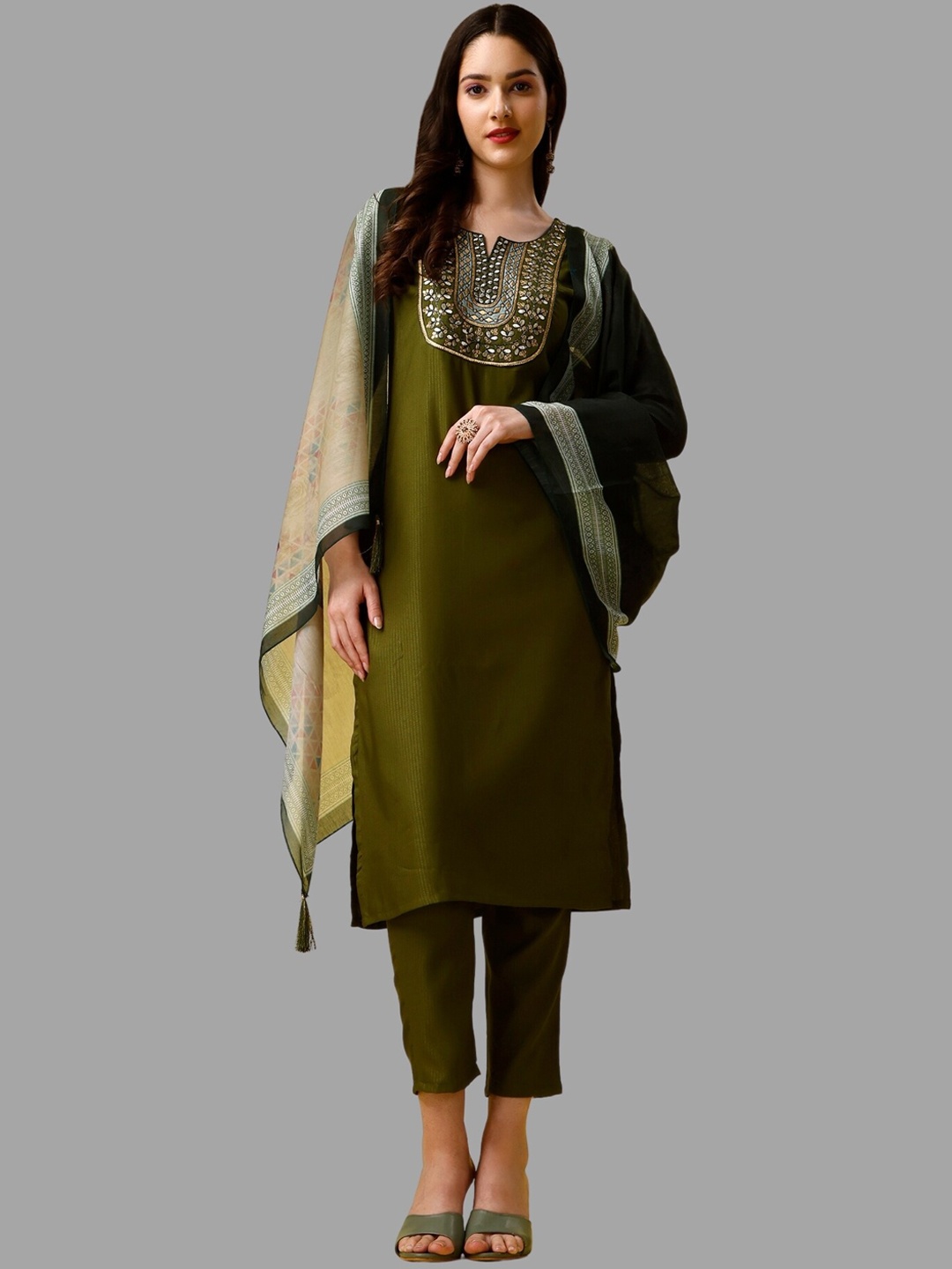 

KALINI Women Embroidered Regular Kurta with Trousers & With Dupatta, Olive