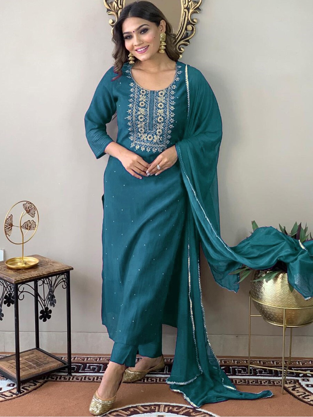 

KALINI Floral Embroidered Sequined Kurta with Trousers & Dupatta, Turquoise blue