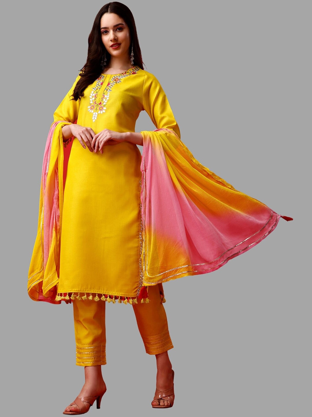 

KALINI Ethnic Motifs Yoke Design Thread Work Kurta with Trousers & Dupatta, Yellow
