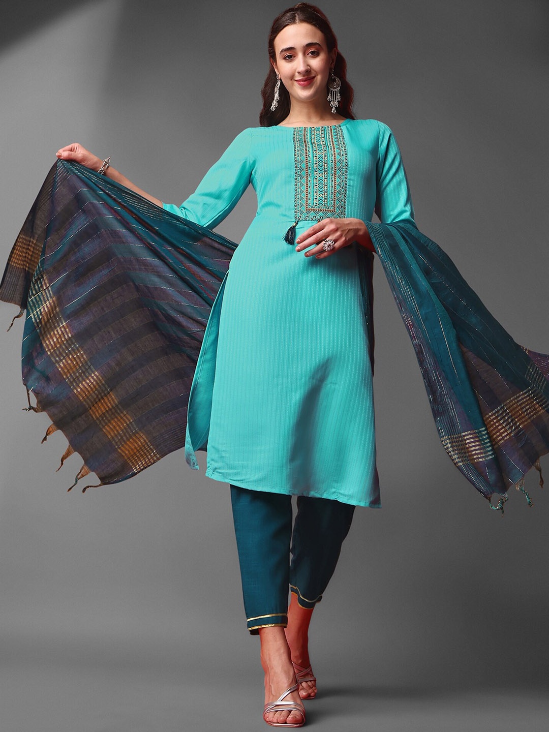 

KALINI Ethnic Motifs Embroidered Kurta with Trousers & With Dupatta, Turquoise blue