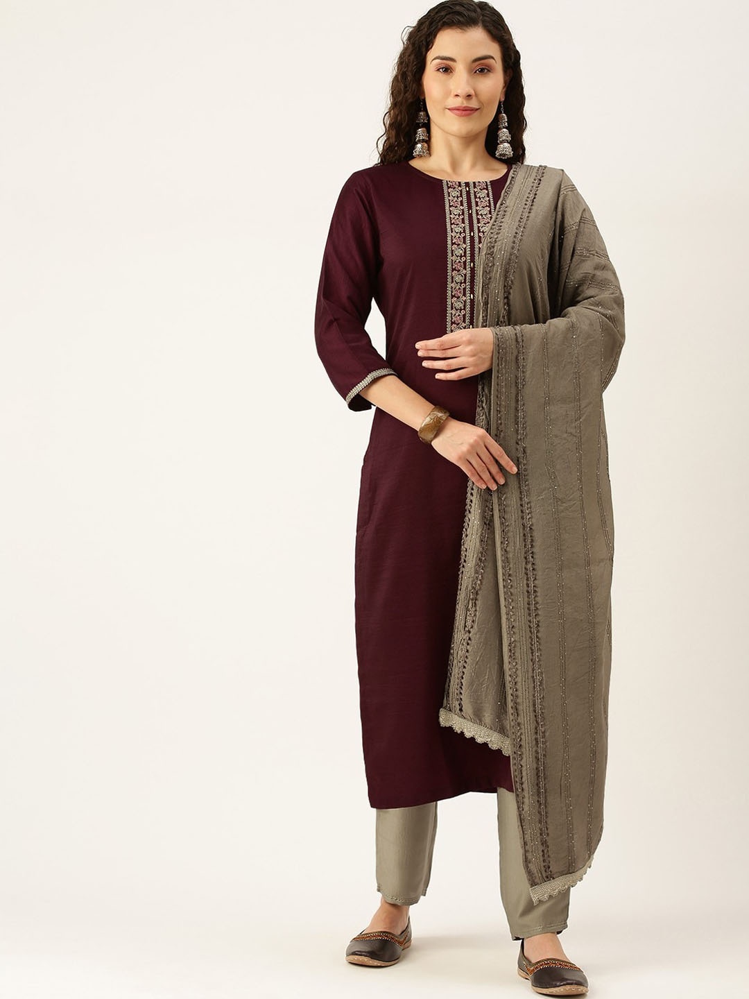 

KALINI Ethnic Motifs Yoke Design Thread Work Kurta With Trousers & Dupatta, Purple