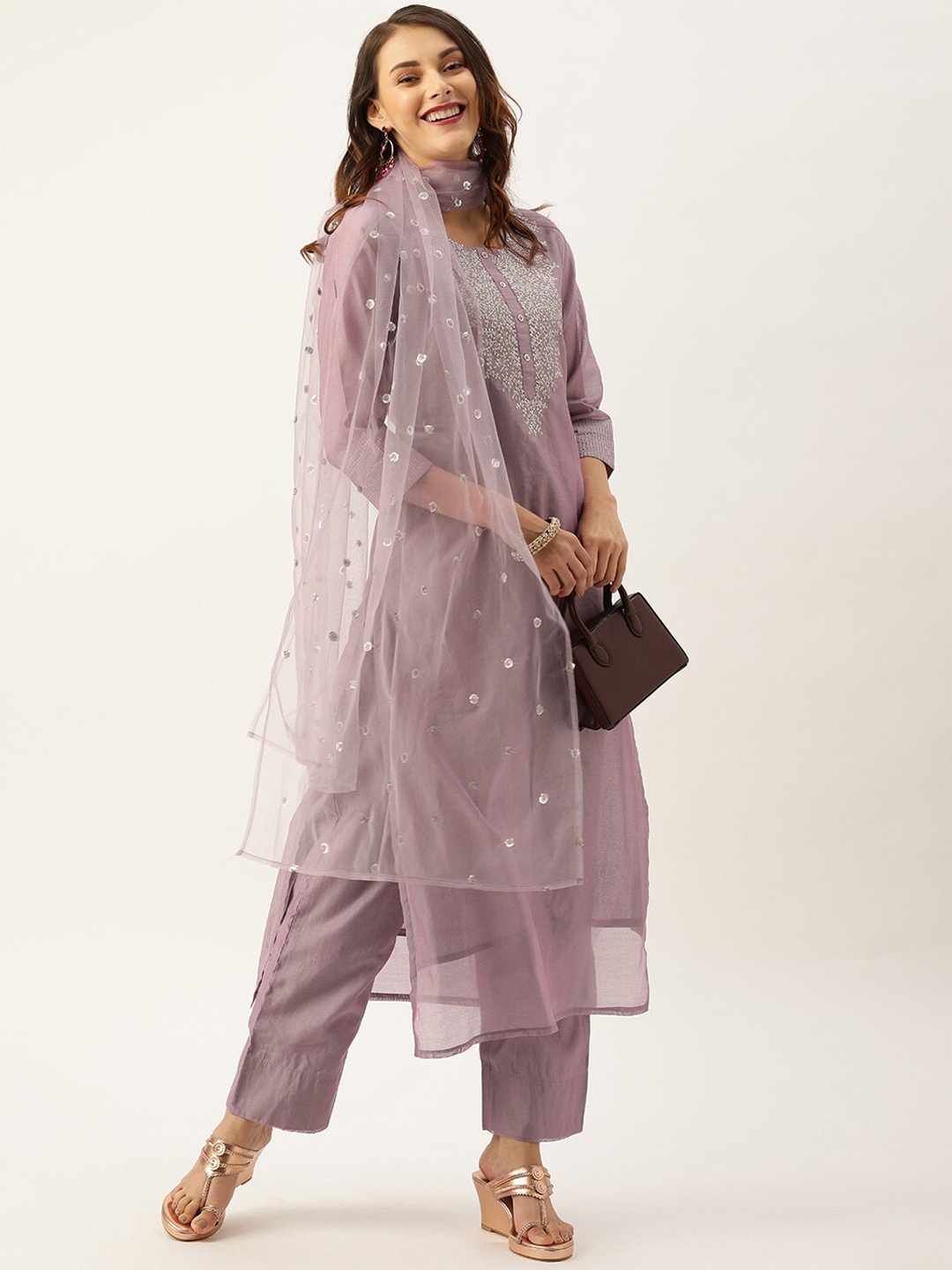 

KALINI Ethnic Motifs Embroidered Thread Work Kurta with Trousers & Dupatta, Purple