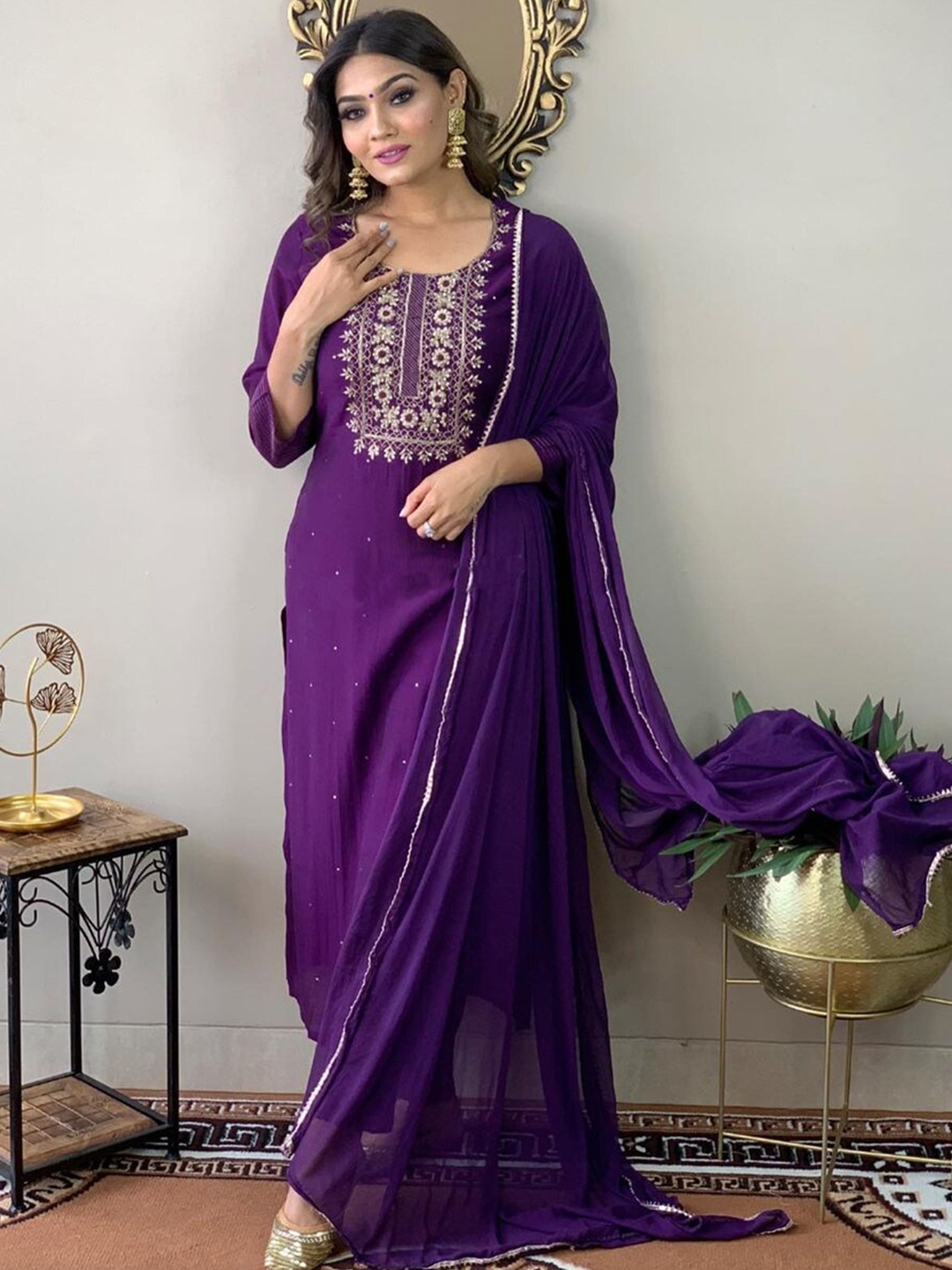 

KALINI Women Floral Embroidered Sequinned Kurta With Trousers & Dupatta, Purple