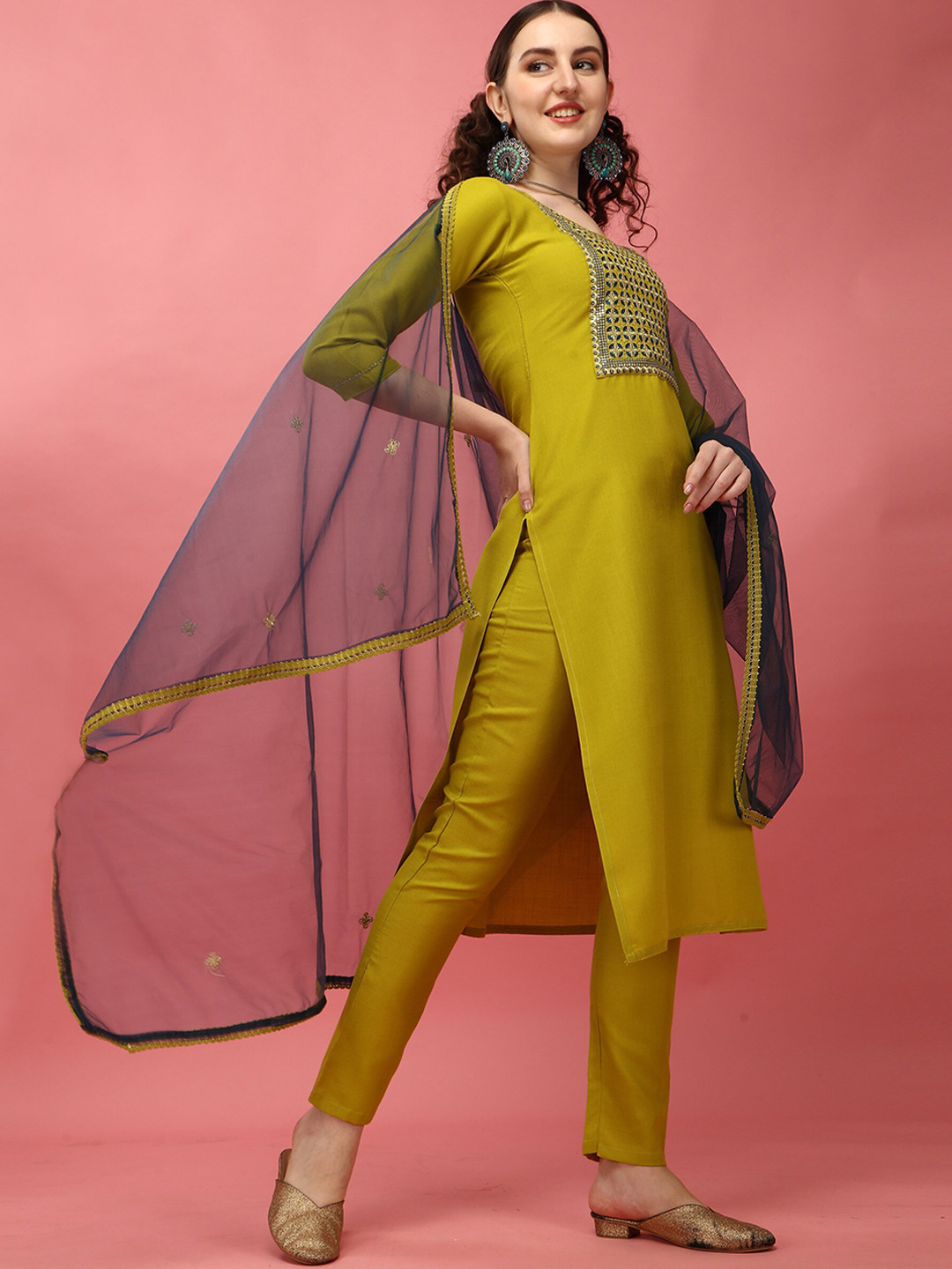 

KALINI Ethnic Motifs Embroidered Regular Straight Kurta & Trousers With Dupatta, Yellow
