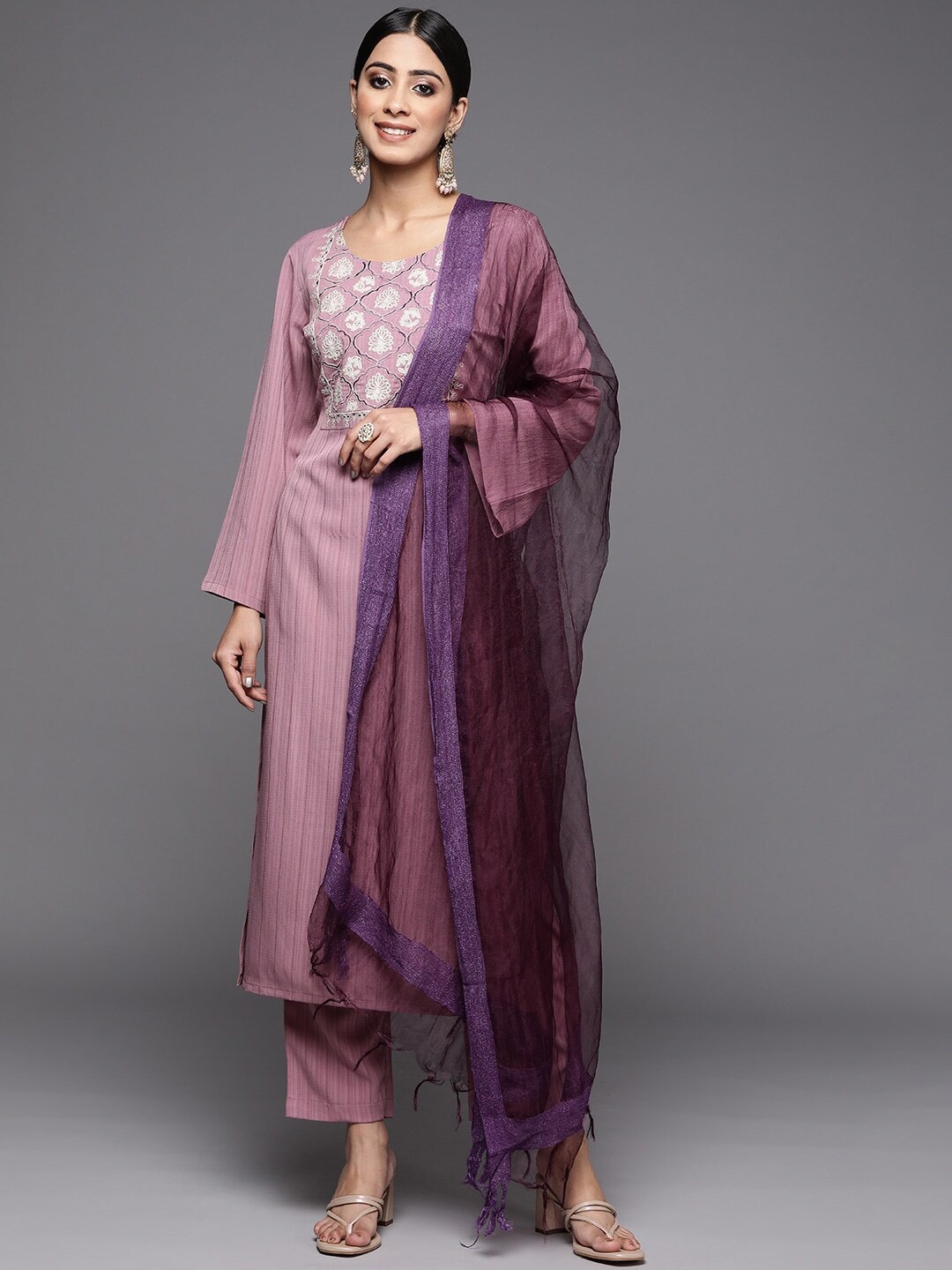 

KALINI Floral Embroidered Yoke Design Kurta & Trousers With Dupatta, Purple