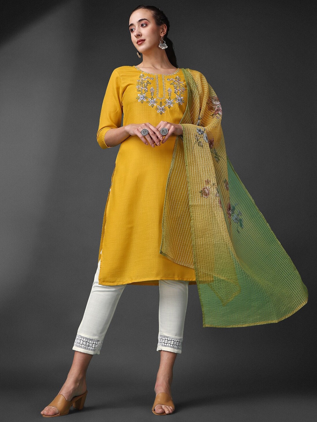 

KALINI Floral Yoke Design Thread Work Kurta with Trousers & Dupatta, Yellow