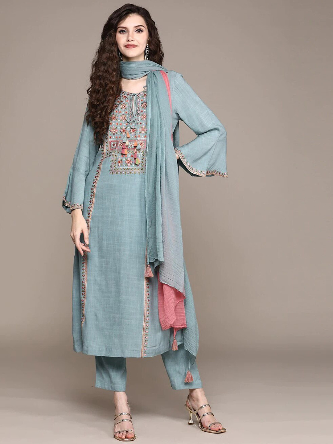 

KALINI Floral Embroidered Mirror Work Kurta with Trousers & Dupatta, Blue