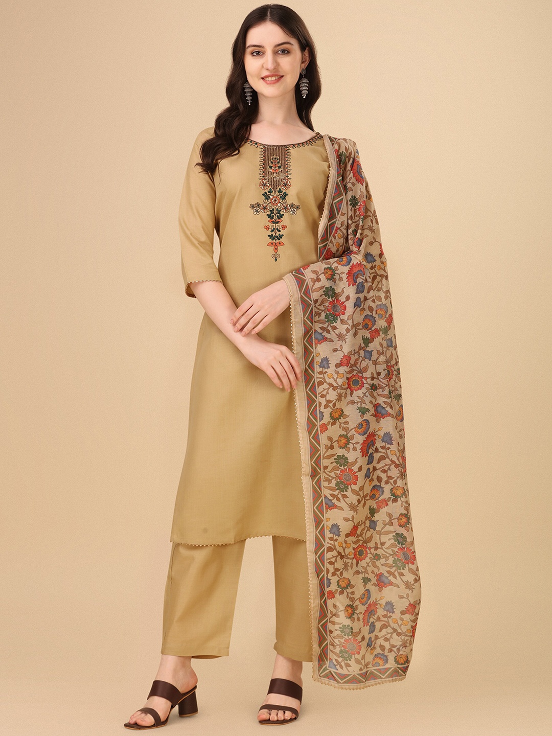 

Shree Ramkrishna Fab Women Beige Floral Embroidered Regular Thread Work Kurta with Trousers & With Dupatta